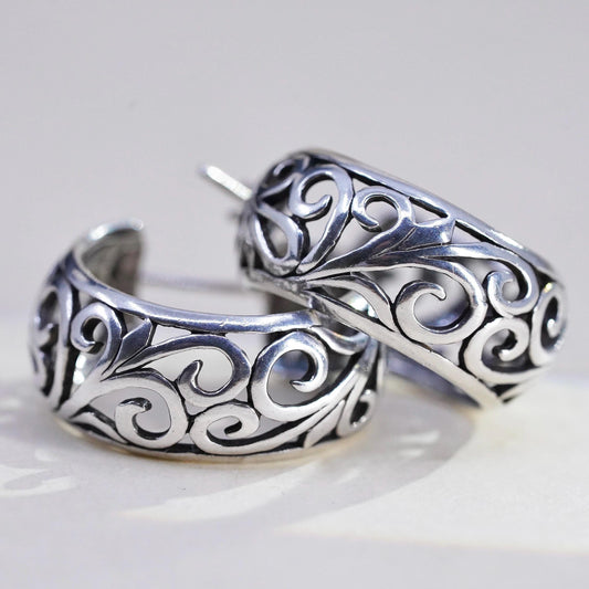 0.75", Vintage sterling silver loop earrings, filigree hoops
