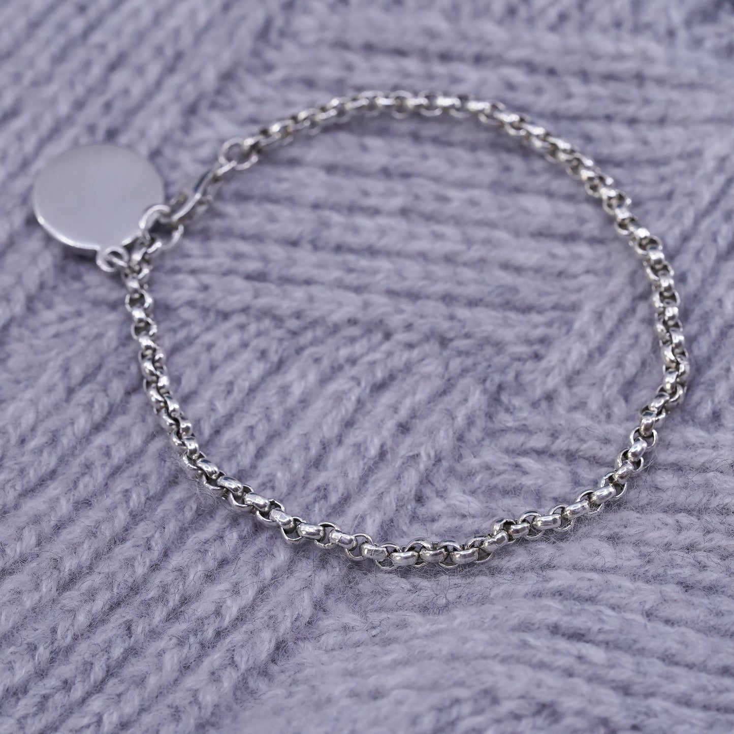 7", Sterling silver handmade bracelet, 925 circle link chain with circle charm