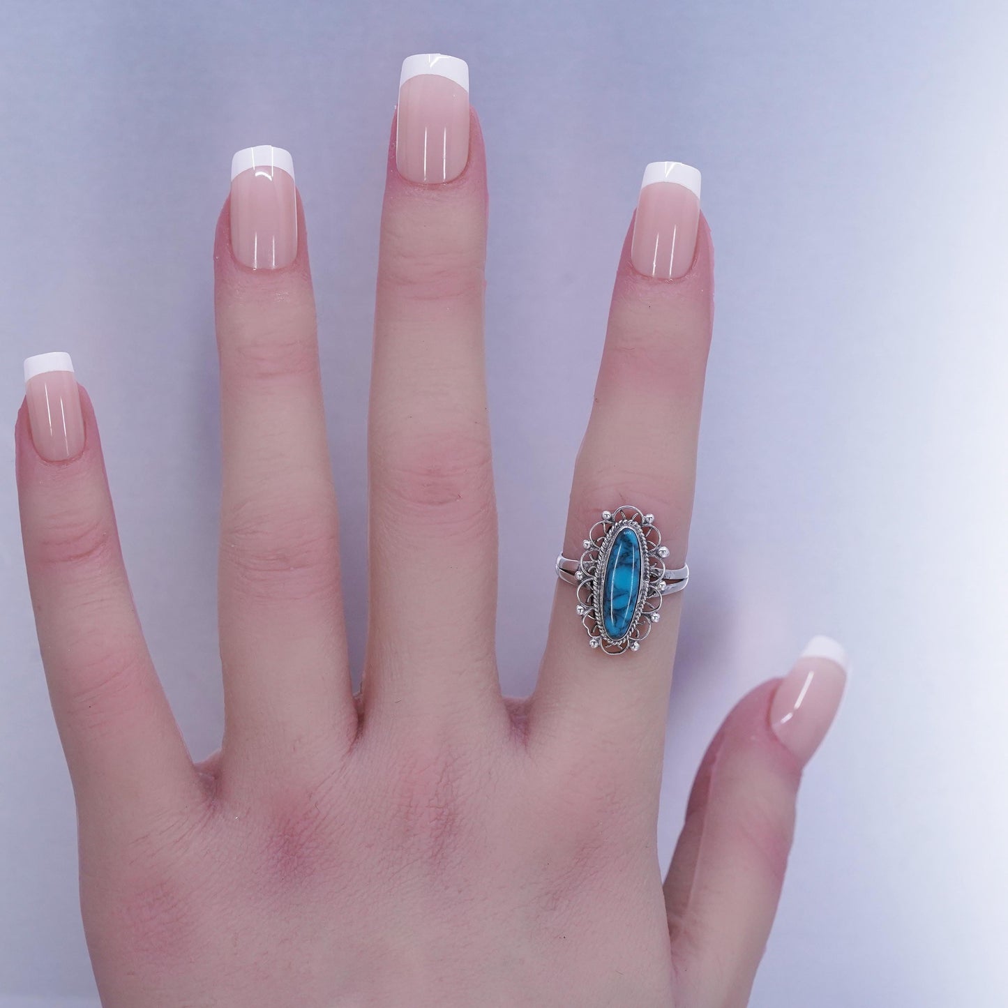Size 6, Mexico Taxco Sterling 925 silver handmade filigree ring with turquoise