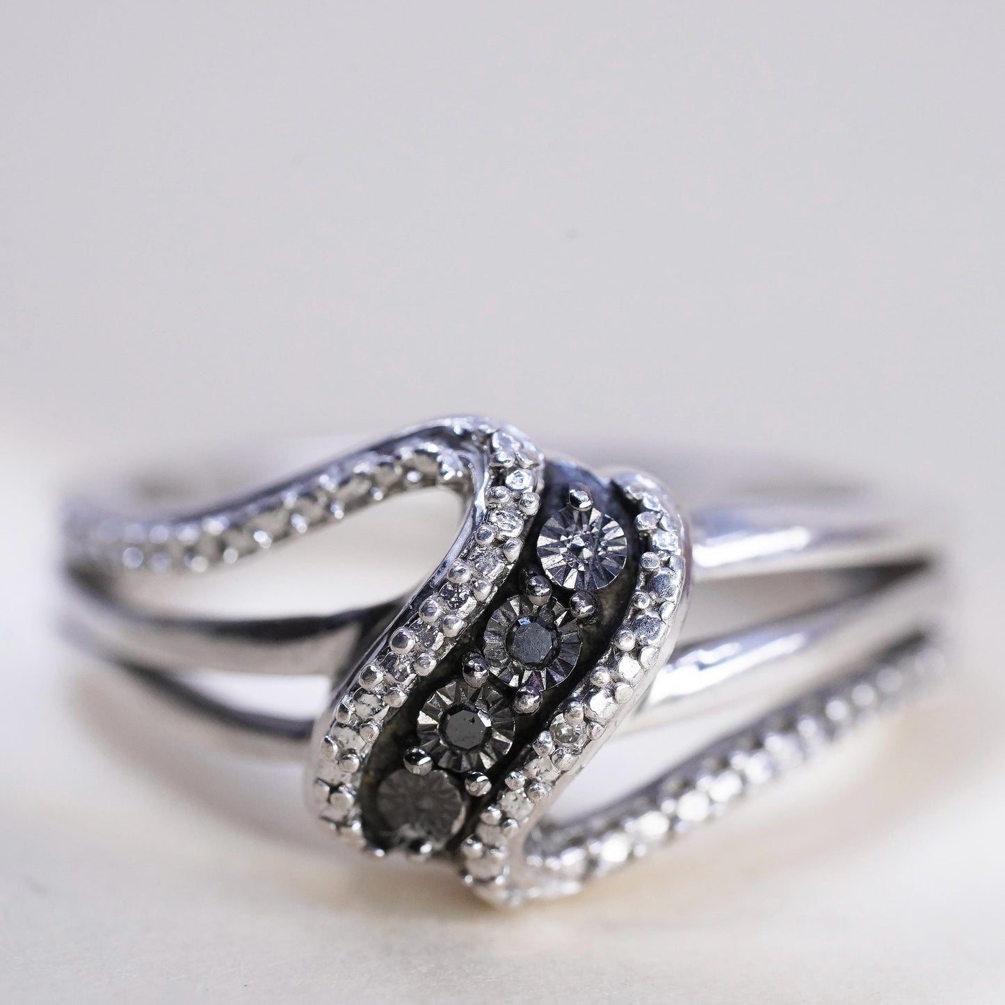 Size 7, VTG two tone Sterling 925 silver statement ring cluster real diamond