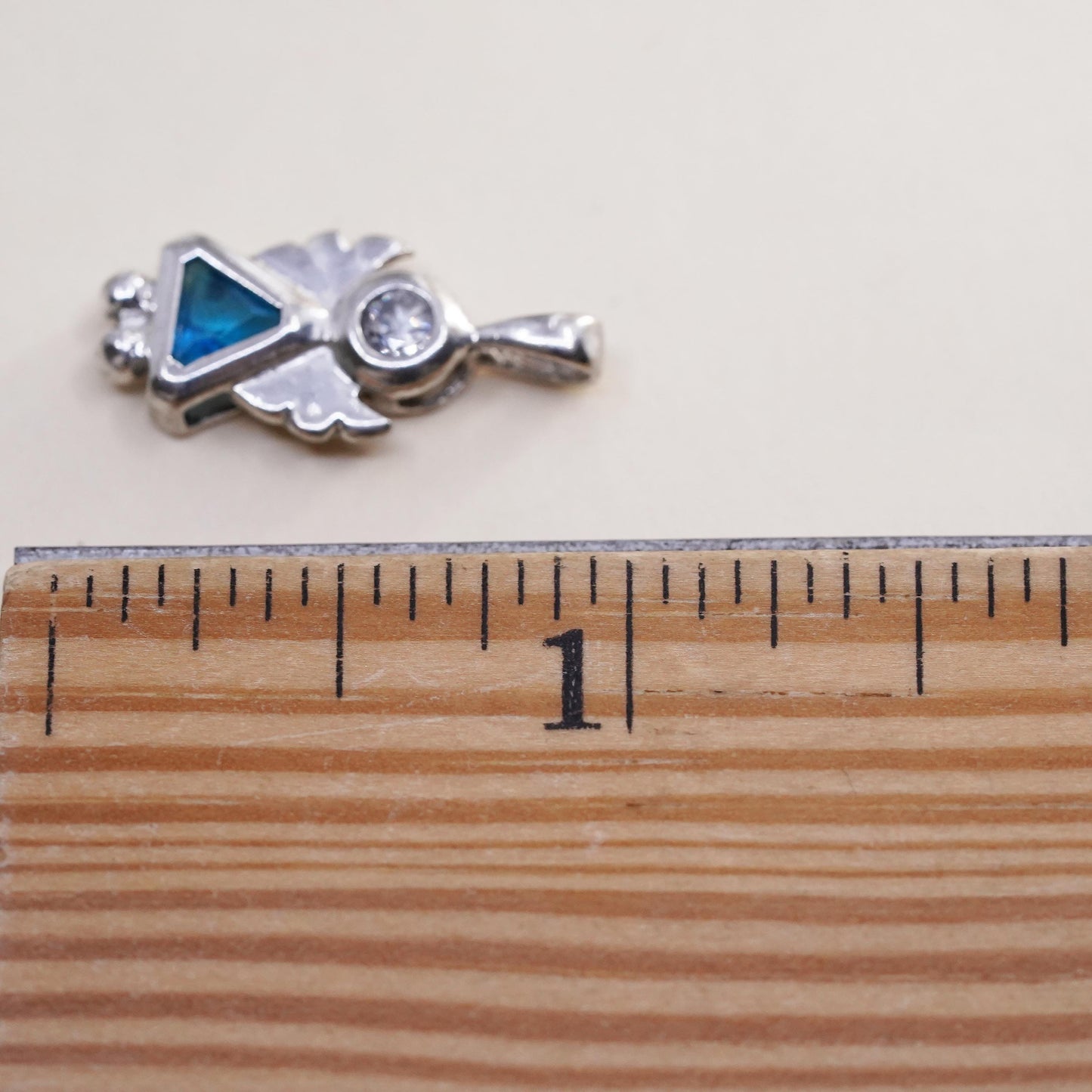 Sterling silver angel charm, 925 pendant with blue crystal inlay