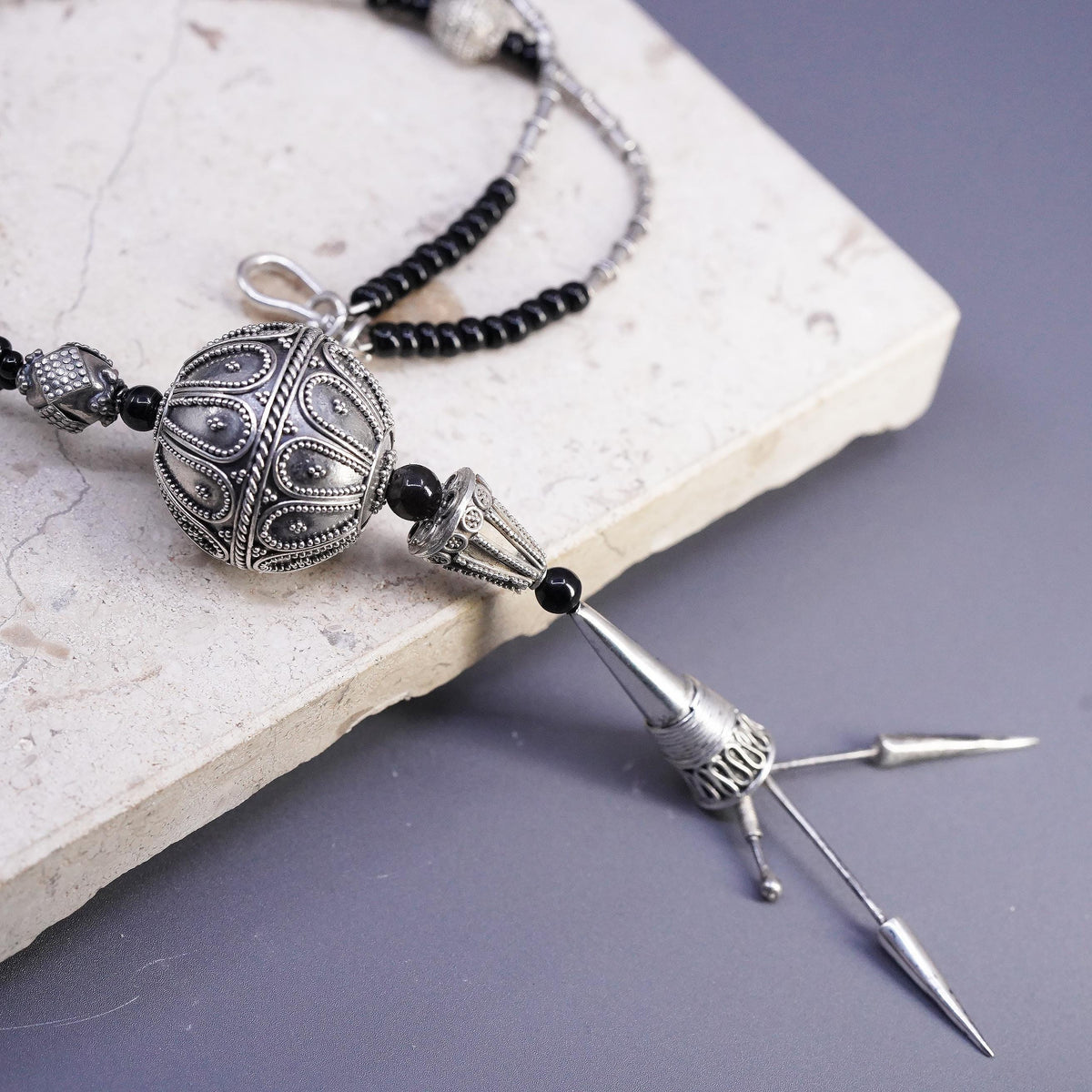 18", Sterling 925 Silver Beaded Necklace, Black Onyx, Ornate Sphere Pendant,