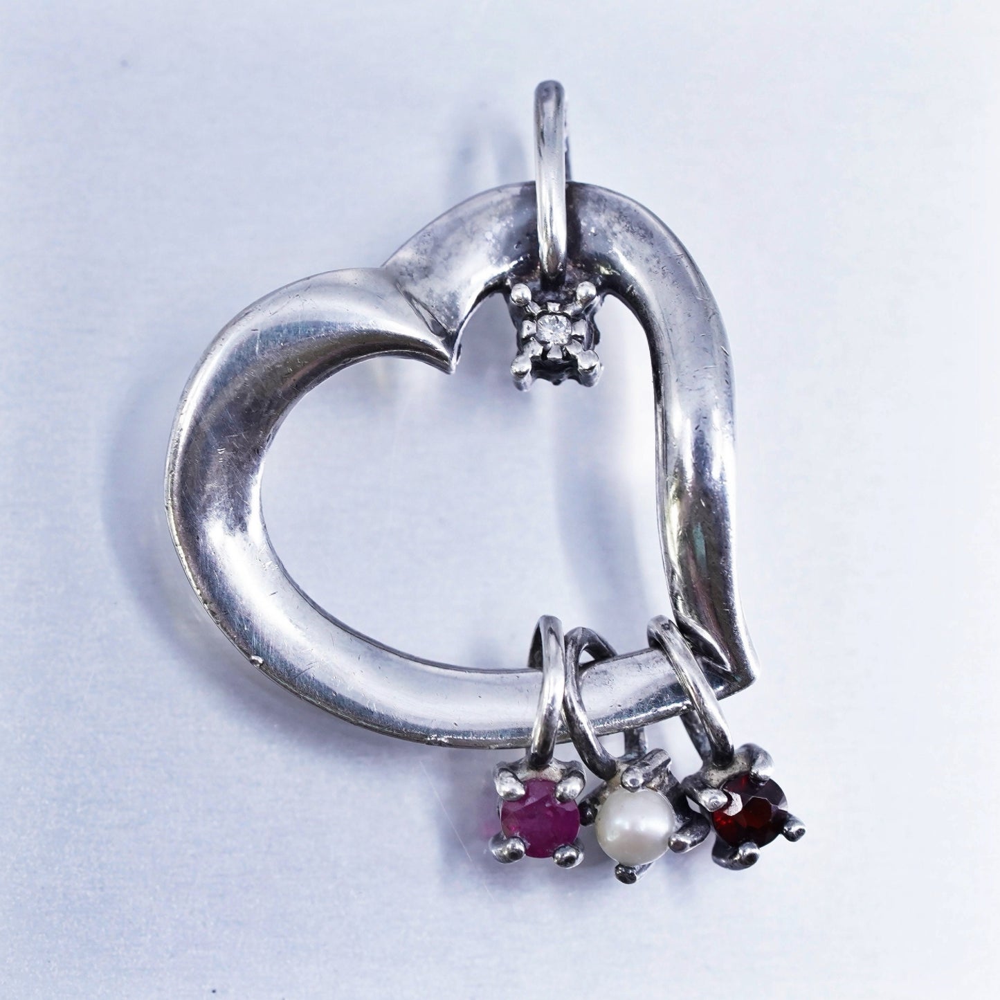 Lenox sterling 925 silver pendant, heart with ruby garnet diamond and pearl