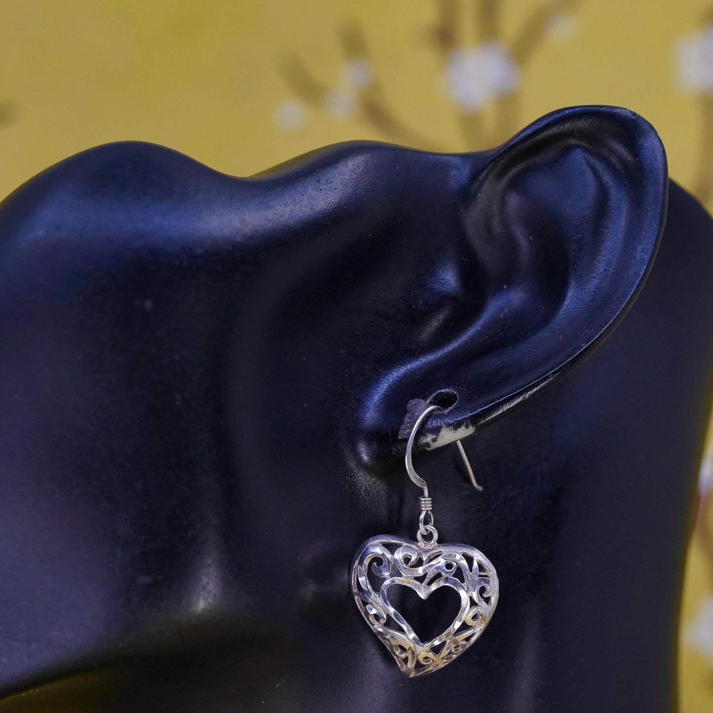 Vintage Sterling silver handmade earrings, 925 filigree heart drops