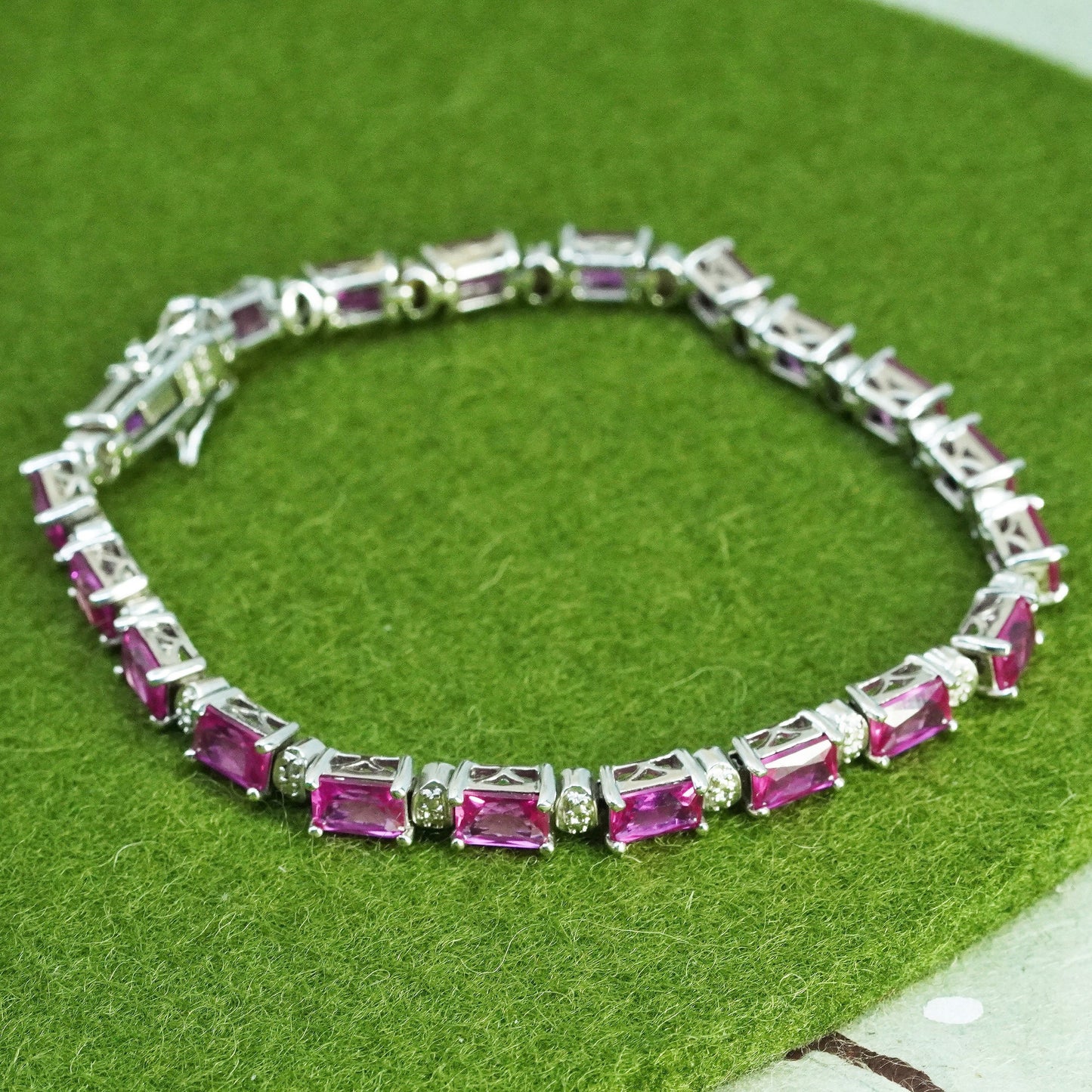 7.25”, Vintage sterling silver bracelet, 925 tennis bracelet with rose pink cz