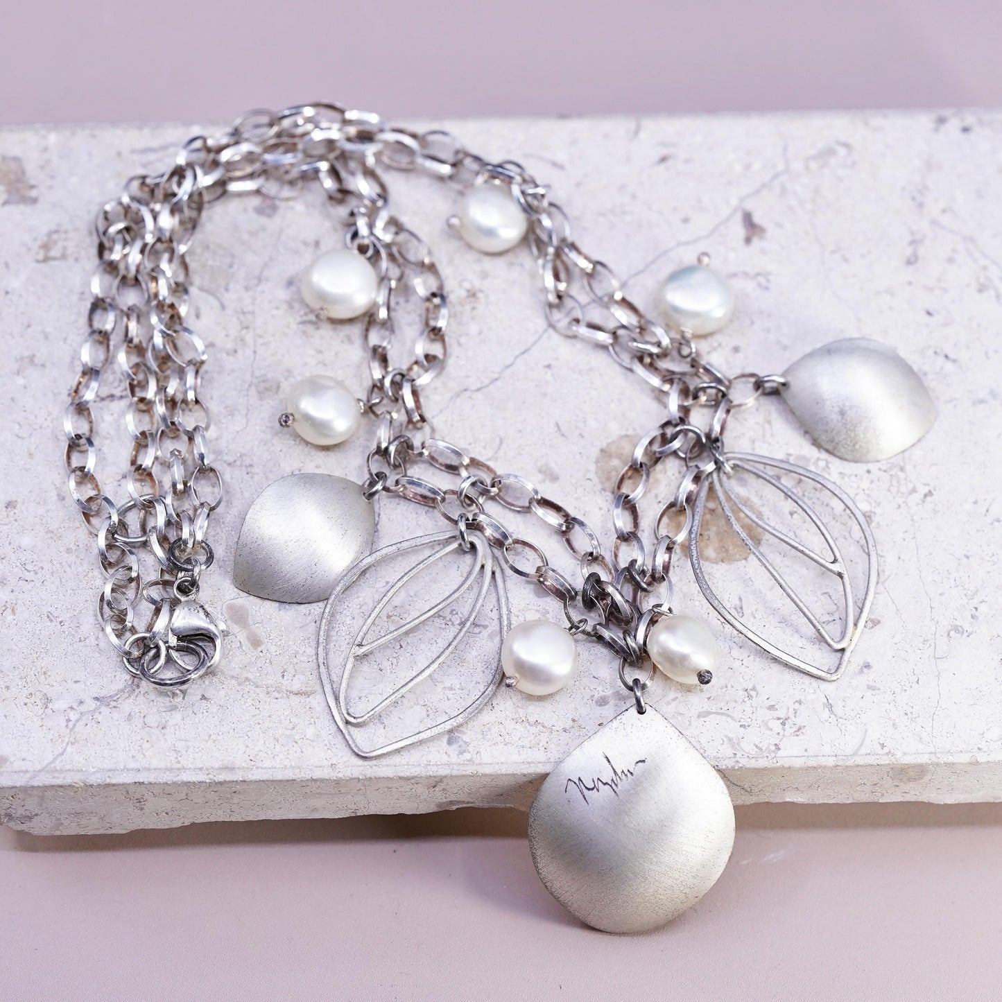 Sterling silver necklace, double strands 925 oval chain leaves pendant pearl