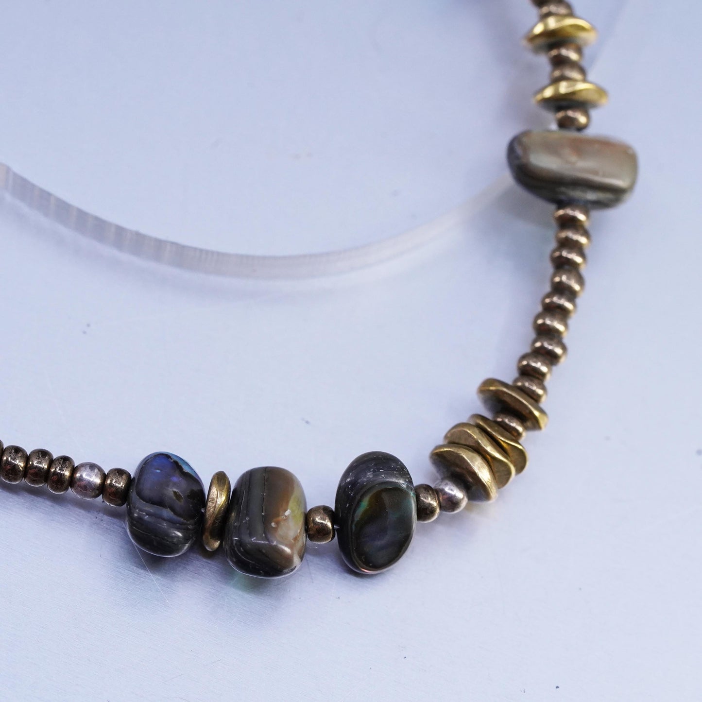 17+2", vintage 925 Sterling 925 Silver Necklace with brass and abalone beads