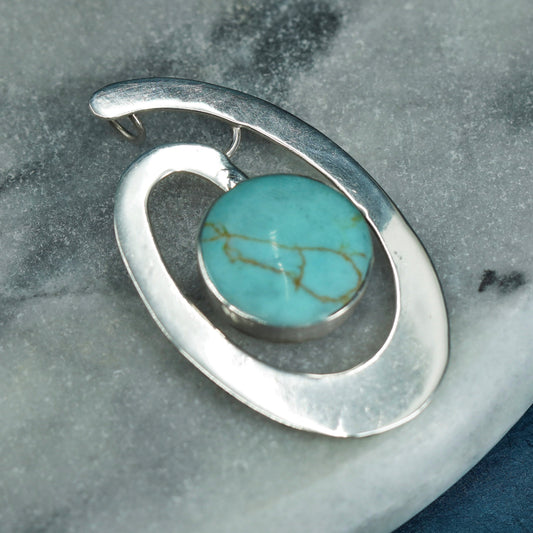 Vintage Sterling 925 silver handmade pendant with round turquoise