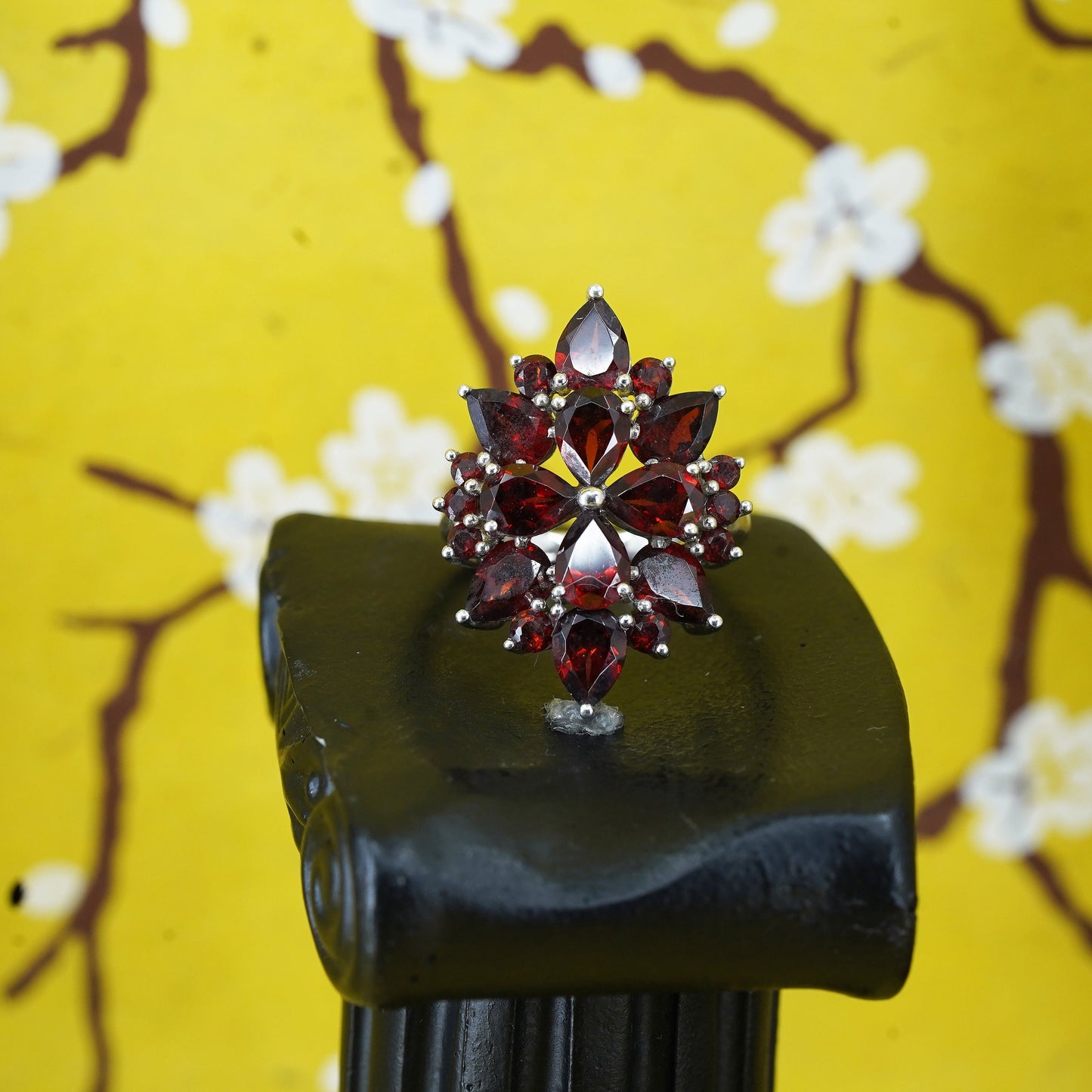 Size 8, vintage Sterling 925 silver handmade ring with cluster ruby