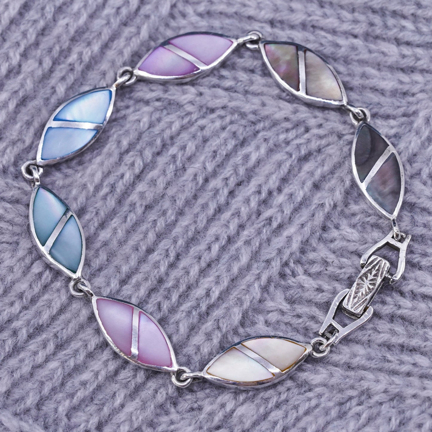 7.5", vintage sterling 925 silver handmade bracelet with mother of pearl tennis