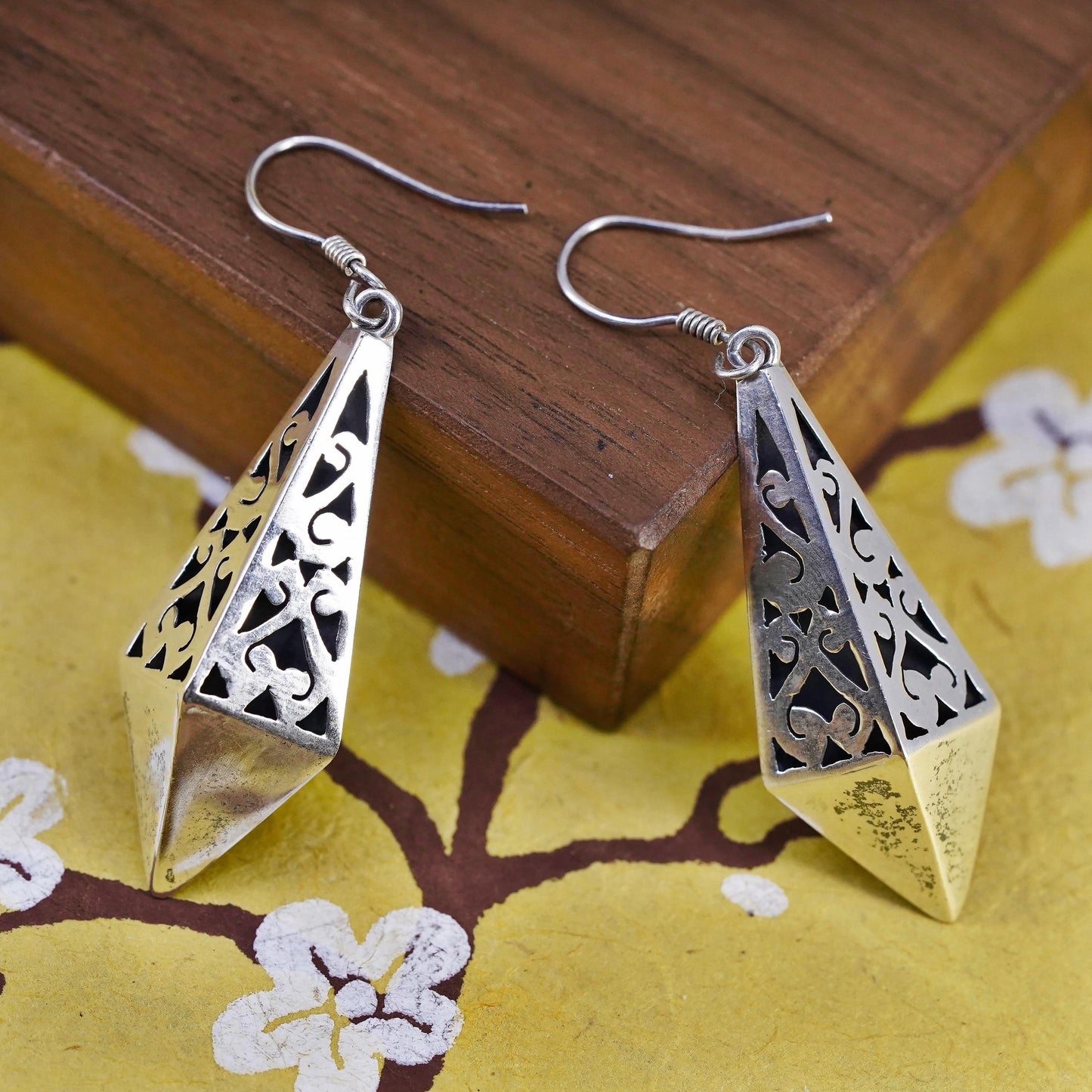 Vintage Mexican Sterling silver earrings, 925 swirly cutout diamond dangles
