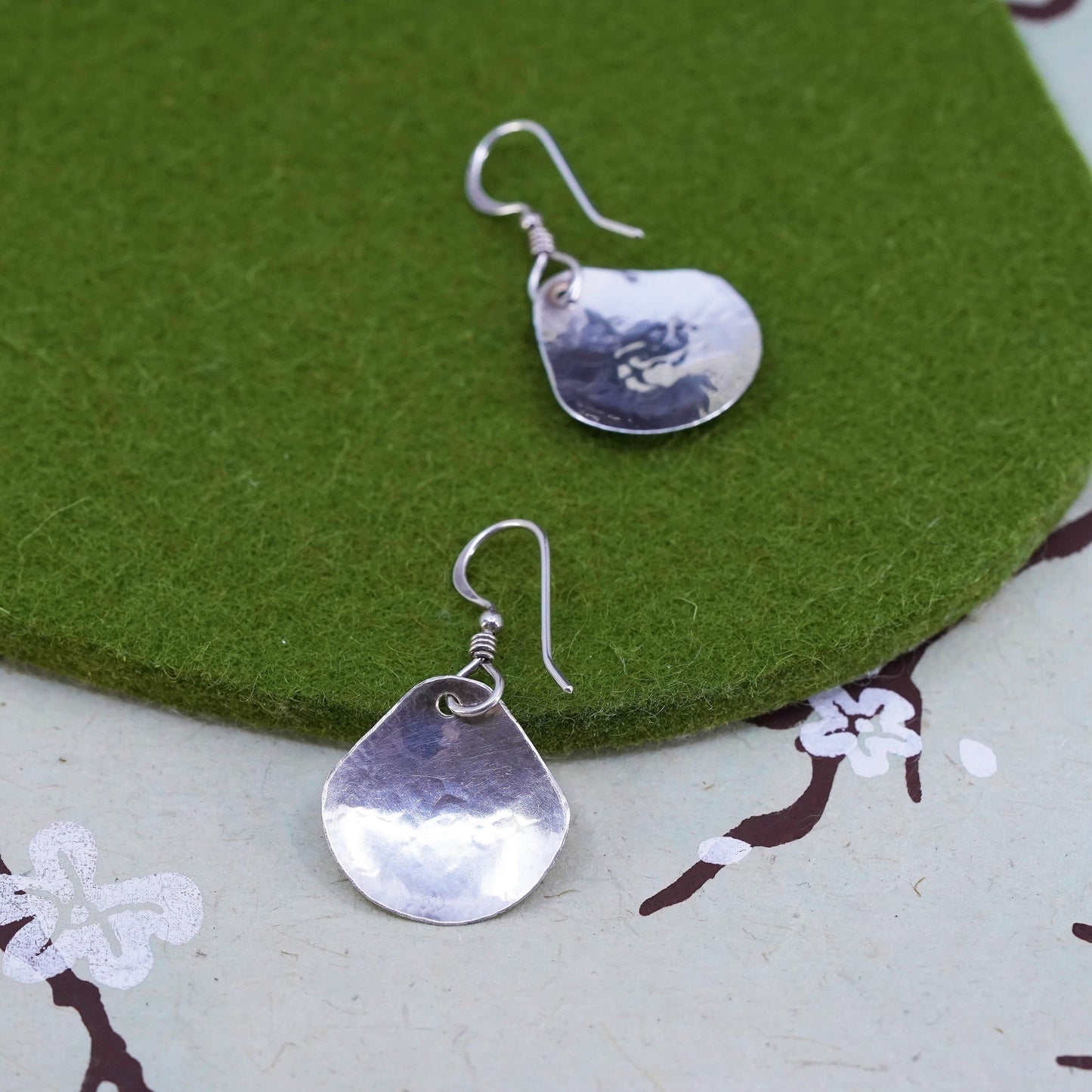 Vintage Sterling 925 Silver Hammered triangular disc Earrings