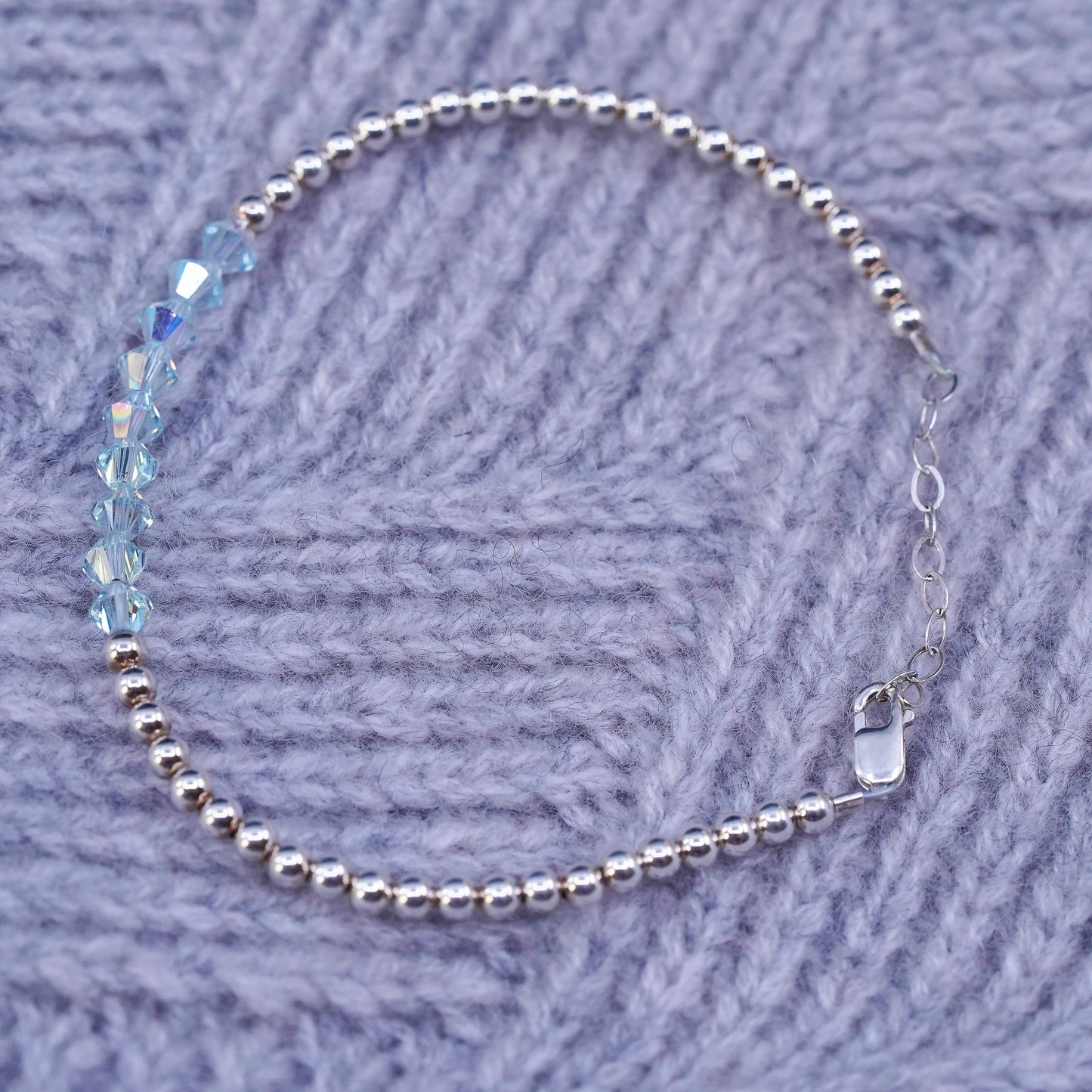 7.25”, vintage sterling 925 silver handmade beads bracelet with blue crystal