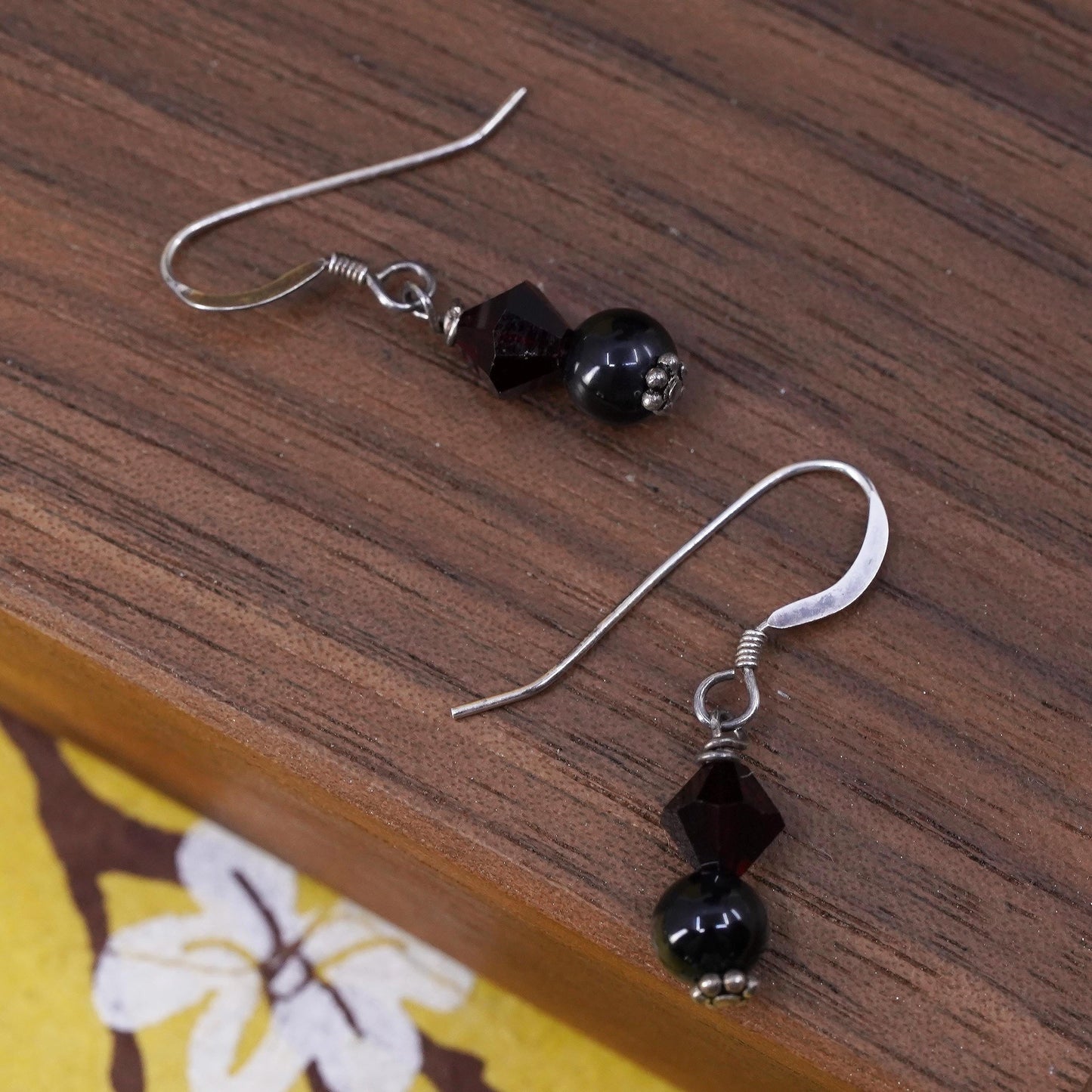 Vintage Sterling silver handmade earrings, 925 disc with garnet beads