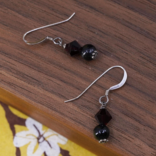 Vintage Sterling silver handmade earrings, 925 disc with garnet beads