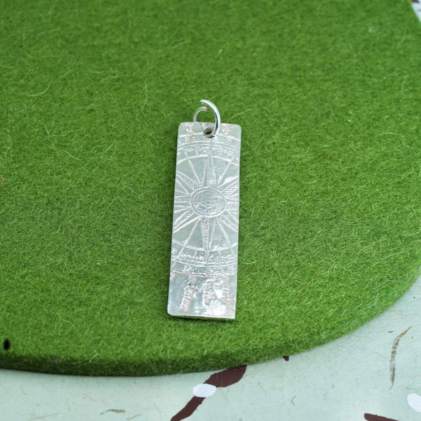 Vintage sterling silver handmade pendant, 925 rectangular tag embossed compass