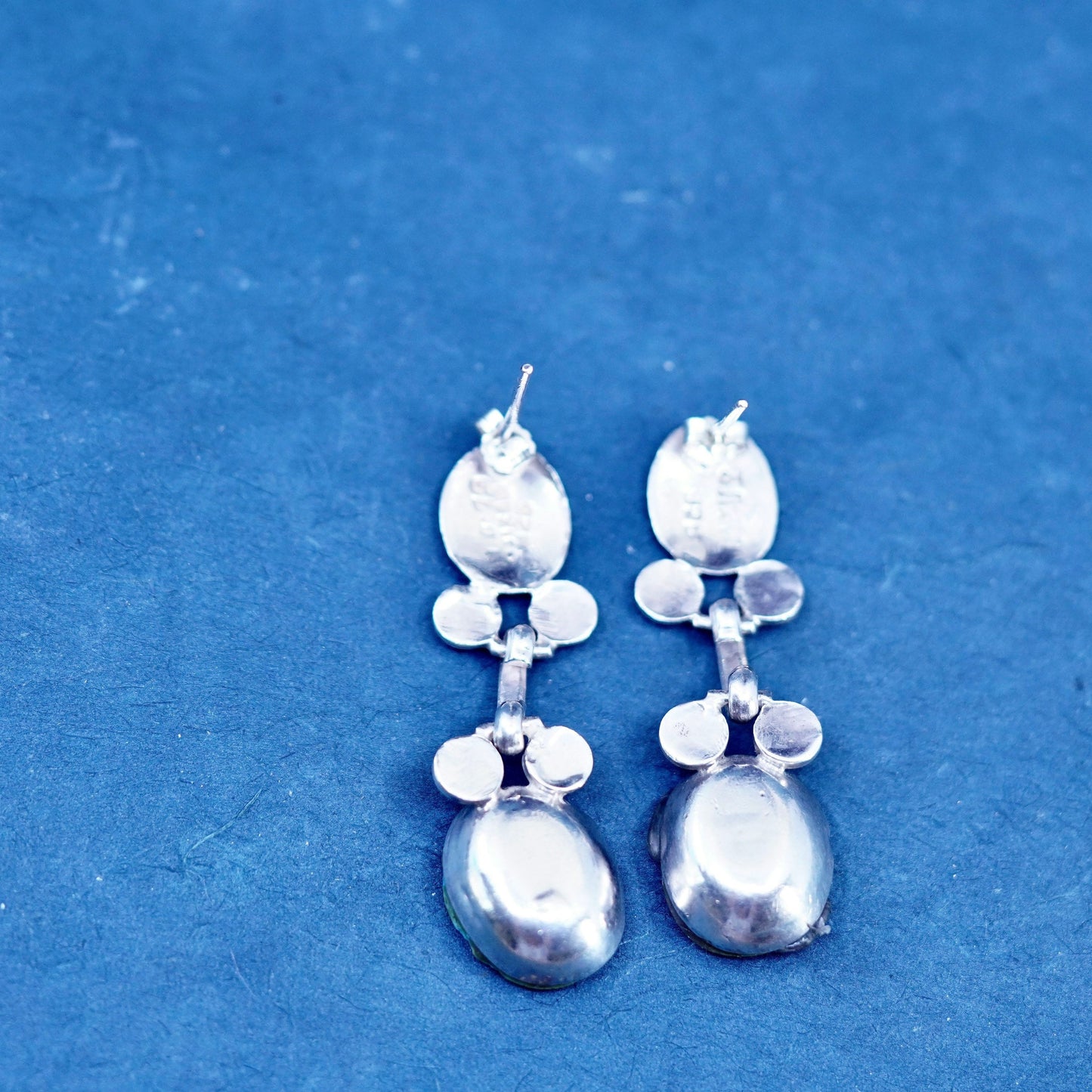 Vintage Mexican Sterling 925 silver handmade earrings with oval turquoise
