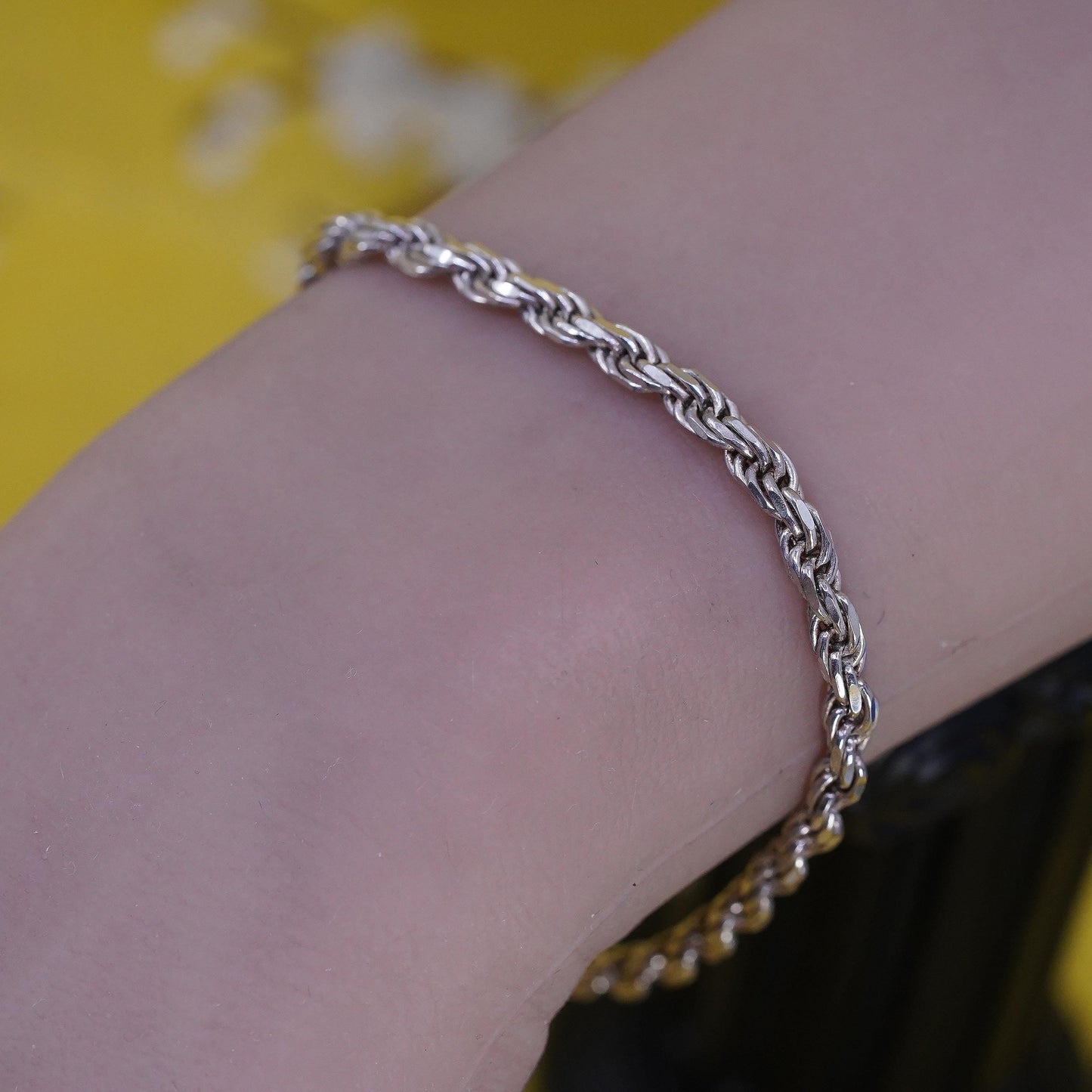 7" 3mm, vintage Sterling silver diamond cut rope bracelet, Italy 925 chain