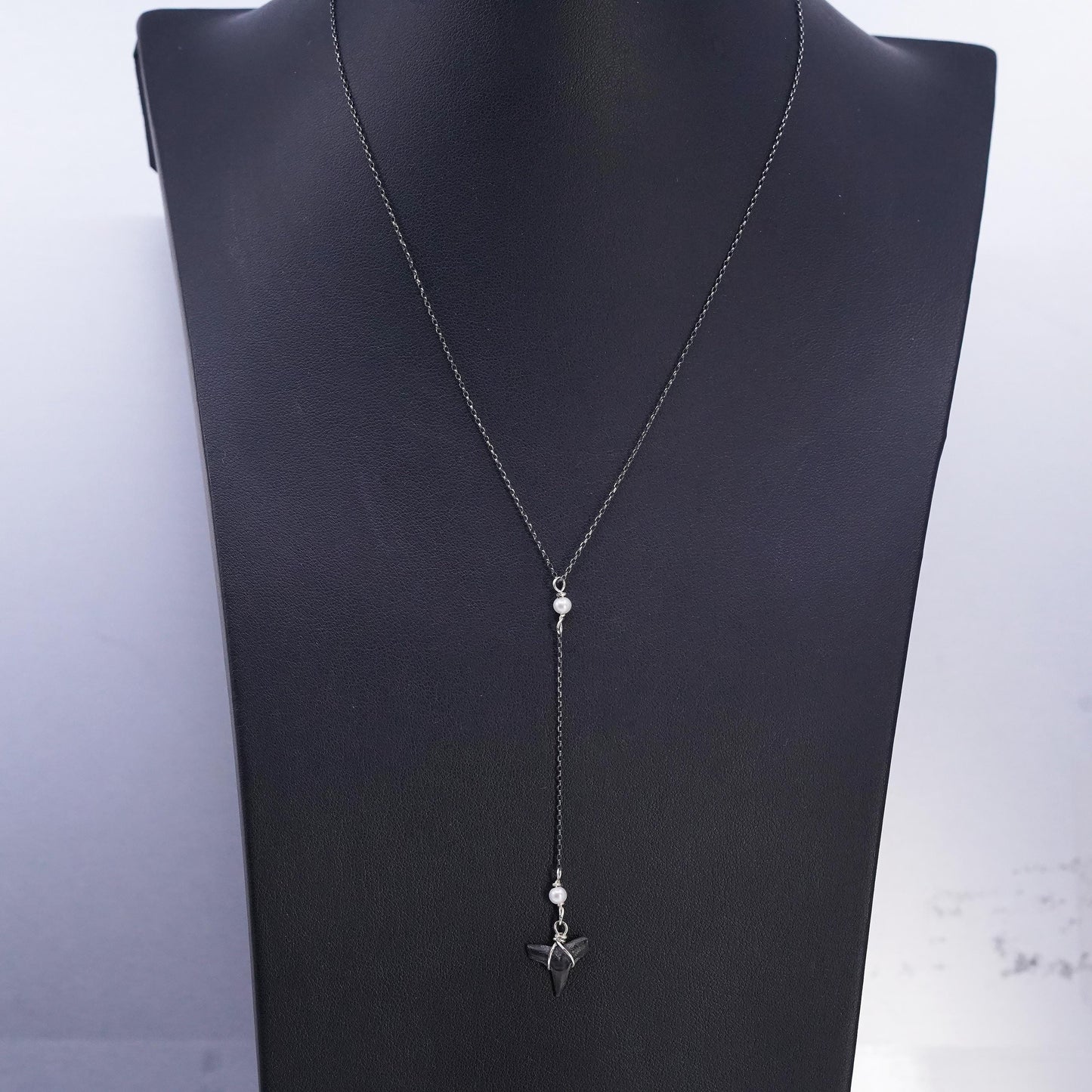 16”, Sterling silver necklace, 925 circle chain fossilized shark teeth pendant