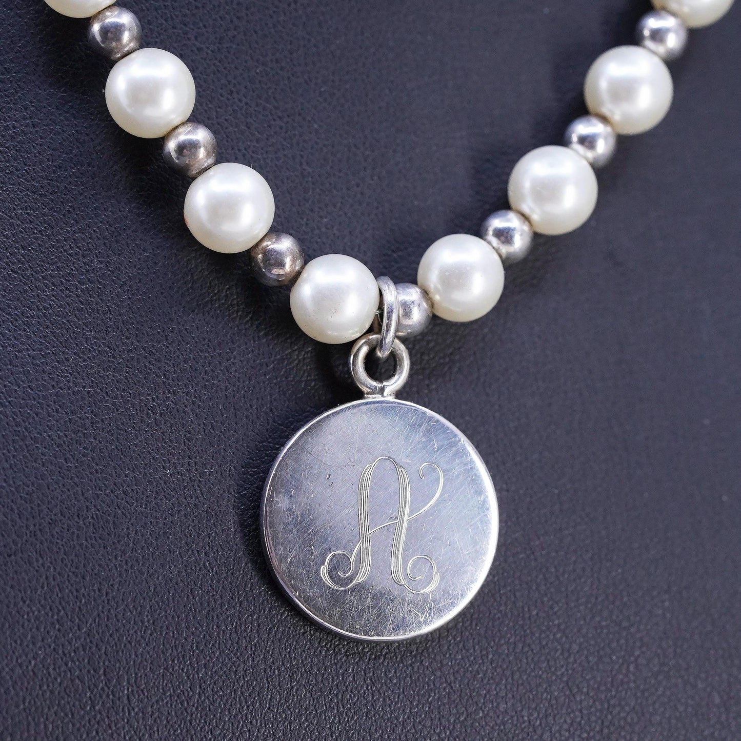 16", vintage sterling 925 Silver necklace with genuine pearl beads tag Letter A
