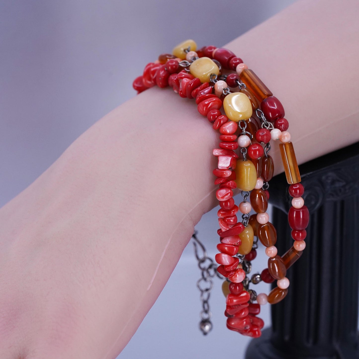 8+1”, Sterling 925 silver multi strands beaded bracelet agate coral carnelian