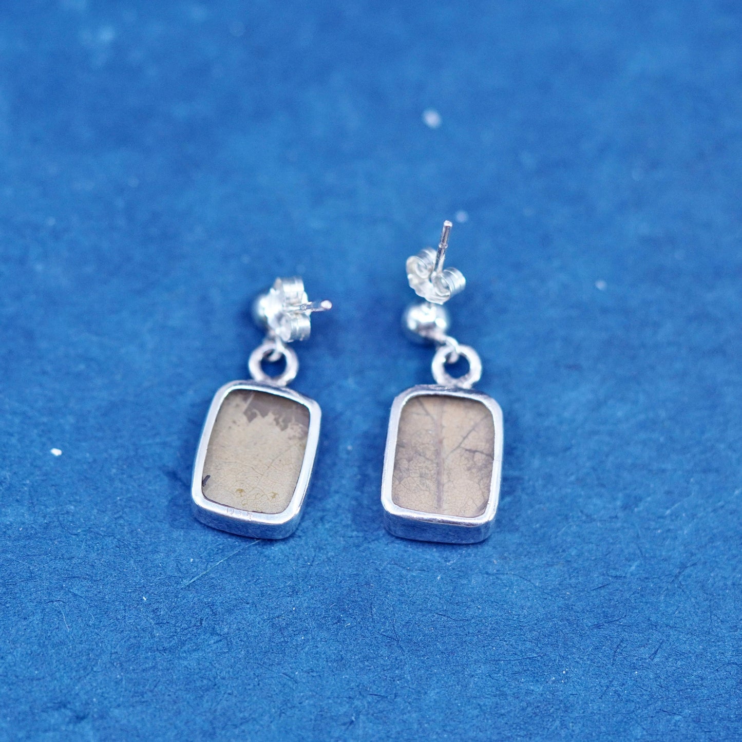 Vintage sterling silver handmade earrings, 925 drops with leaf inlay
