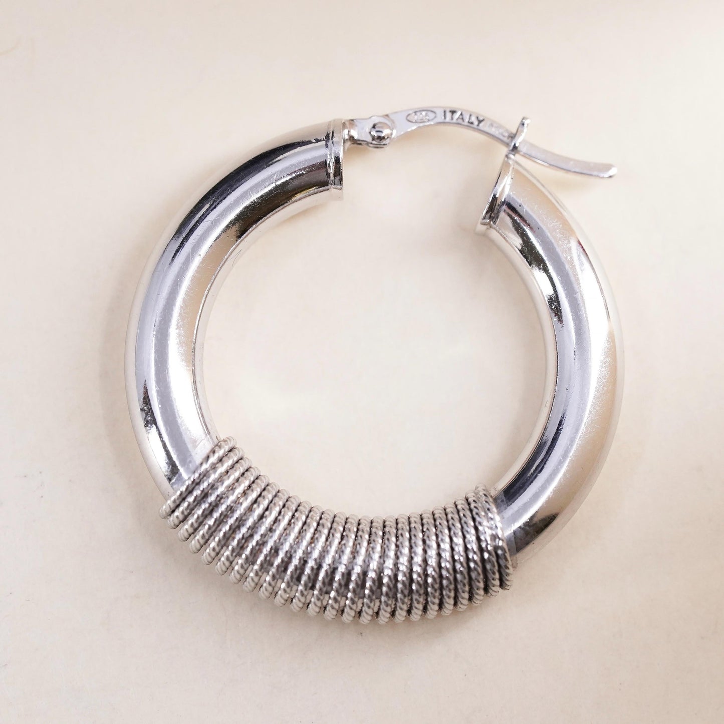 1.25", VTG Italian Milor sterling silver single 1 earring, primitive cable hoop