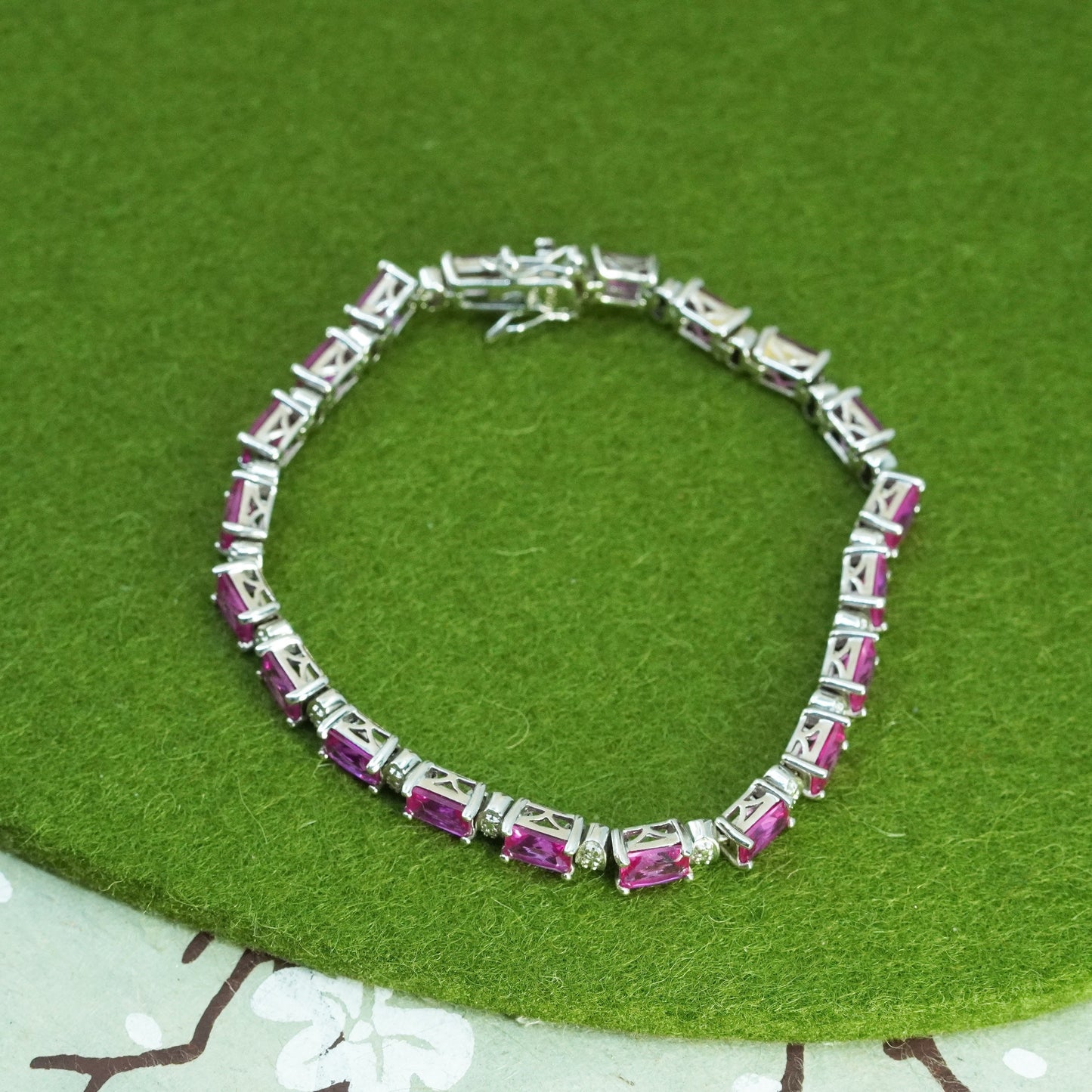 7.25”, Vintage sterling silver bracelet, 925 tennis bracelet with rose pink cz