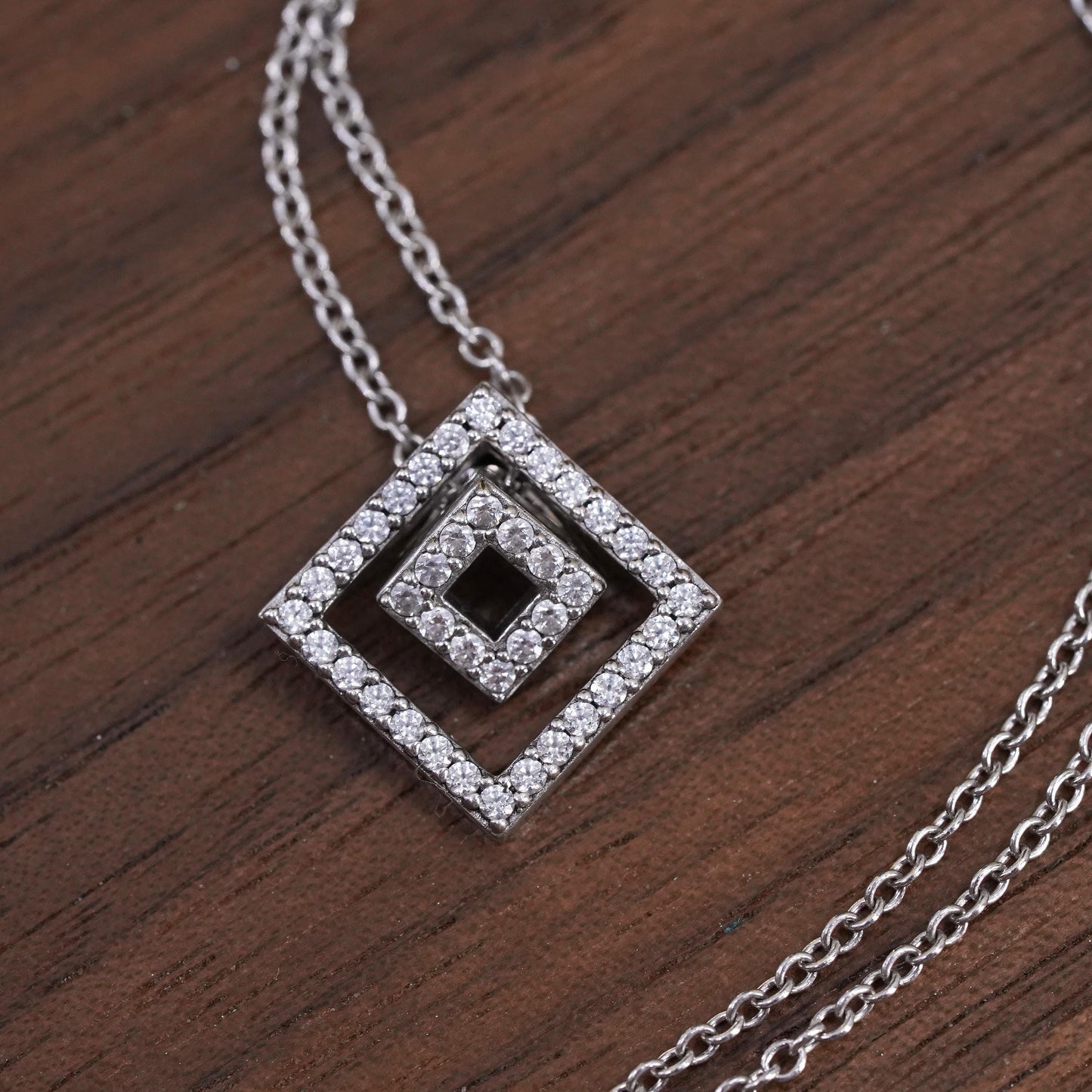 15+3” Vintage TCS Sterling 925 silver circle necklace double square cz pendant