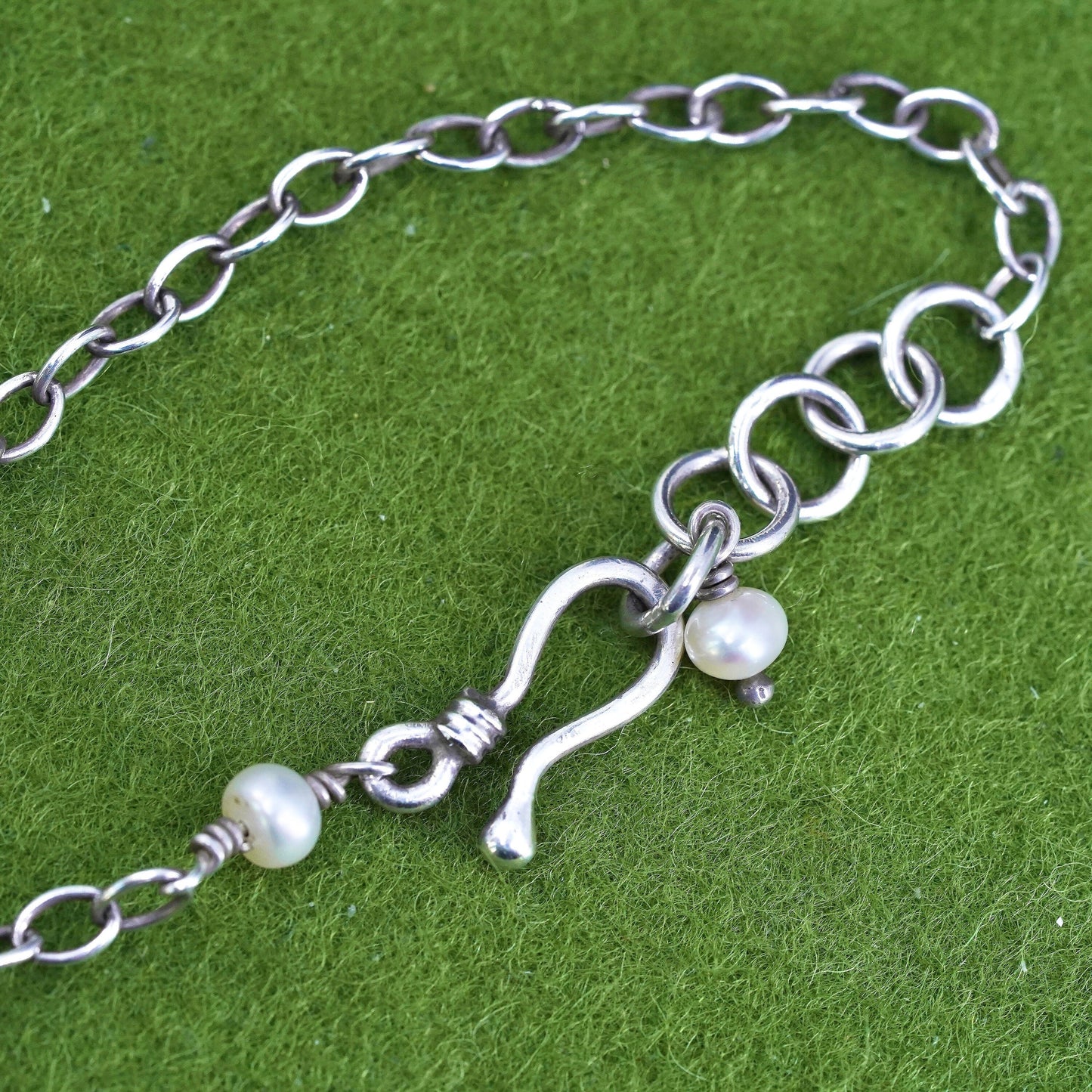 15+1", sterling silver oval link chain necklace green sea washed glass pendant