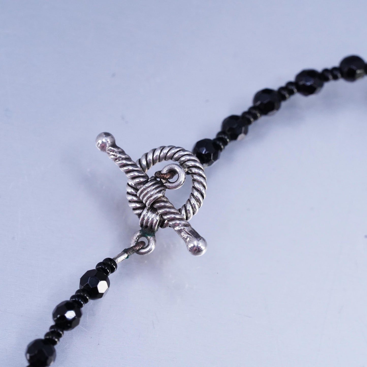 16", vintage Sterling 925 silver necklace with obsidian beads, cross pendant