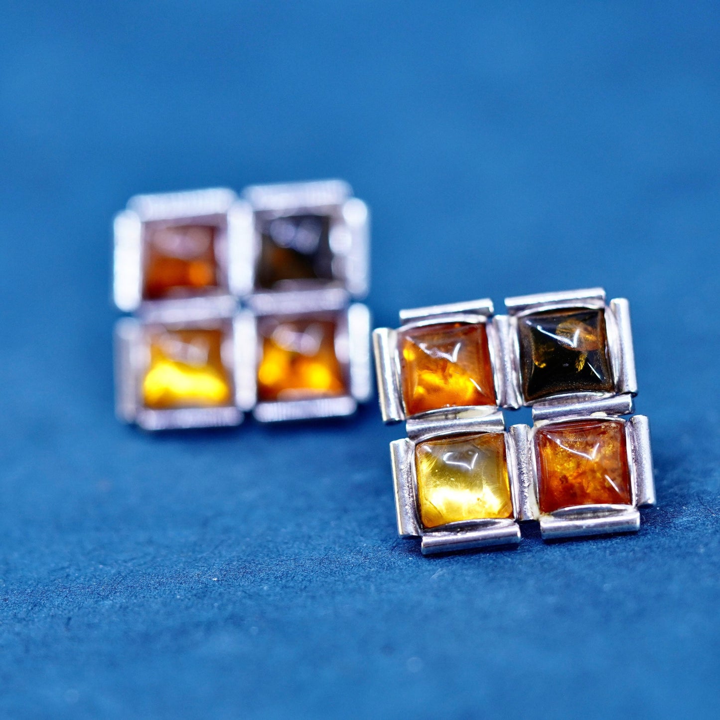 Vintage sterling silver handmade earrings, 925 square studs with amber