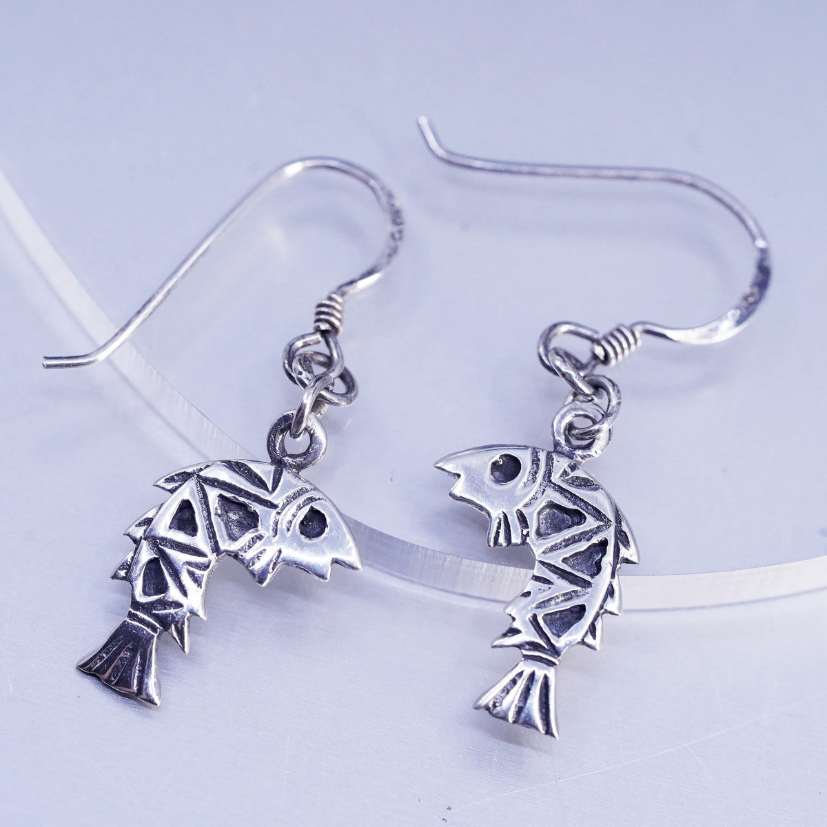 Vintage Sterling Silver 925 Fish Dangle Earrings, Geometric Fish Skeleton Drops