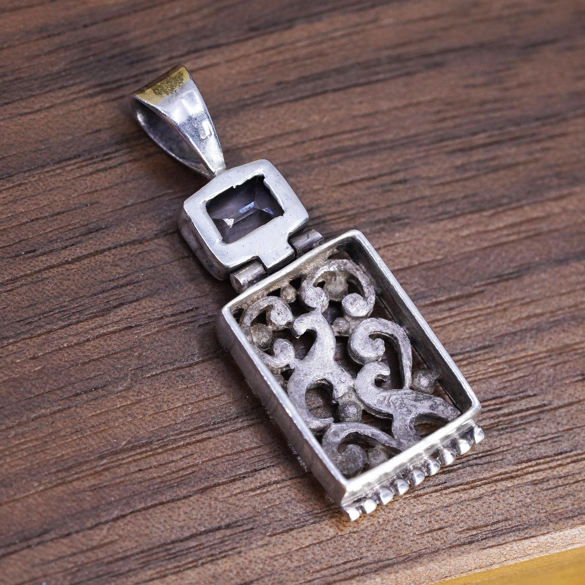 Vintage Sterling silver handmade pendant, 925 filigree rectangular with topaz