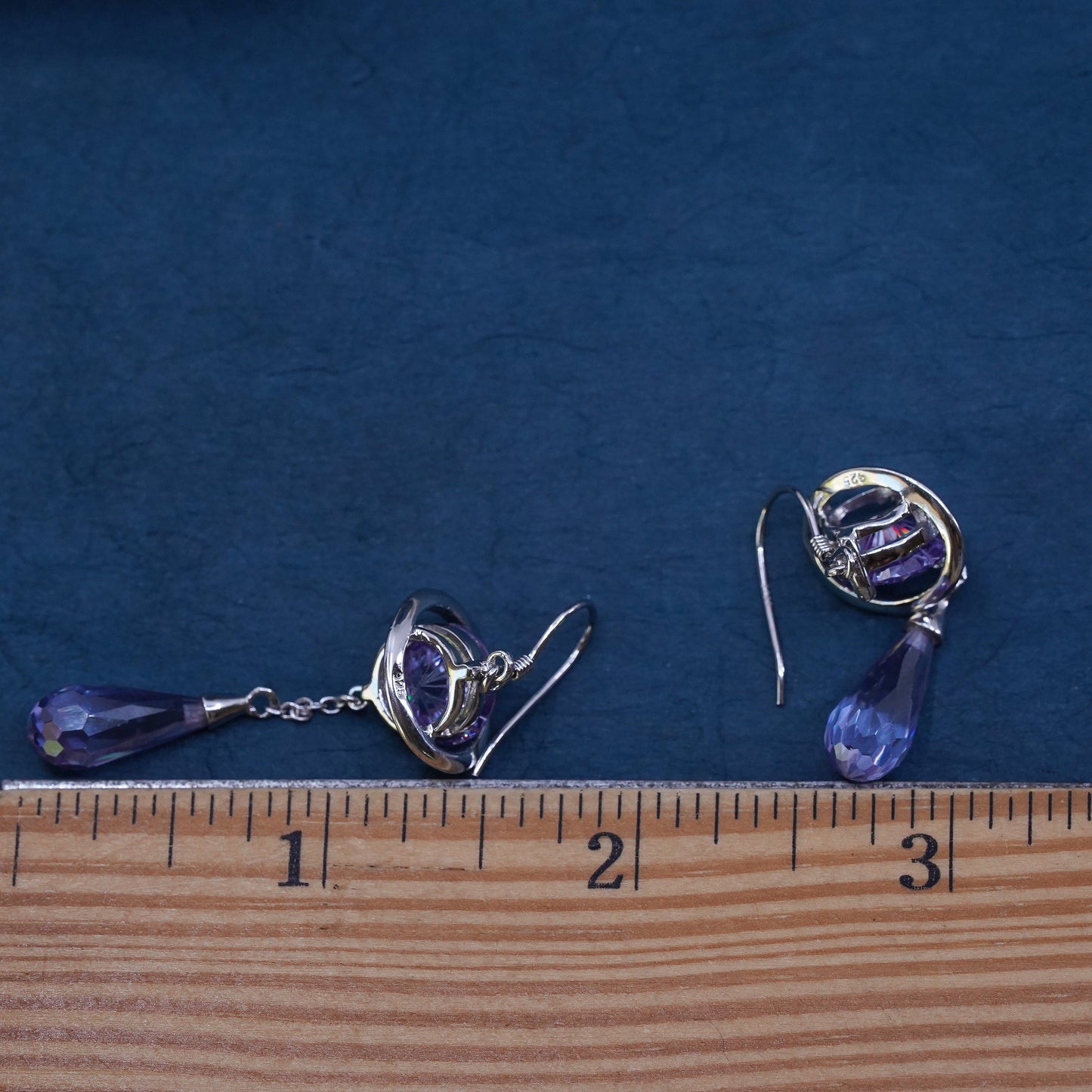 Vintage sterling 925 silver handmade planet earrings with teardrop amethyst