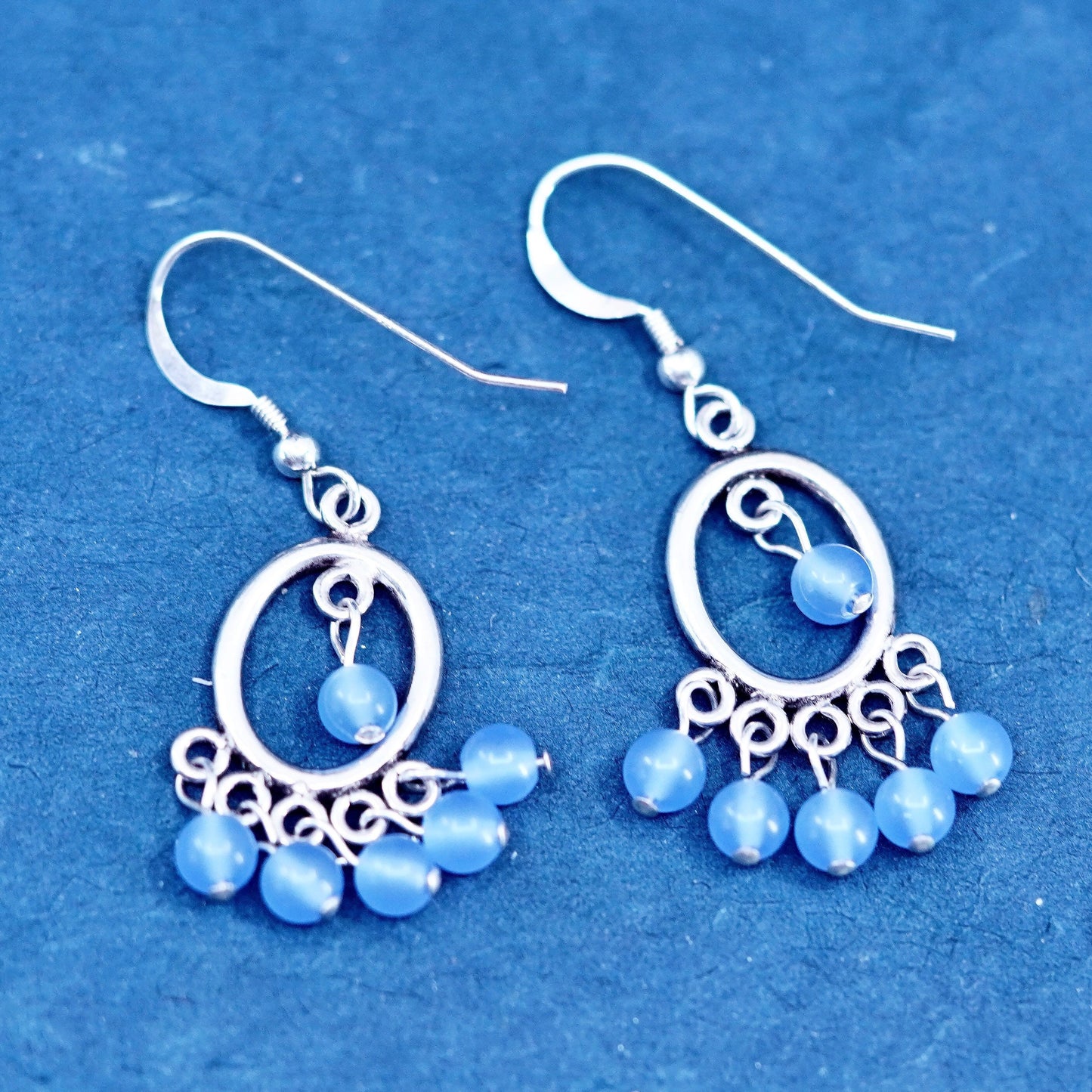 Vintage Sterling 925 silver handmade earrings with blue cat eye