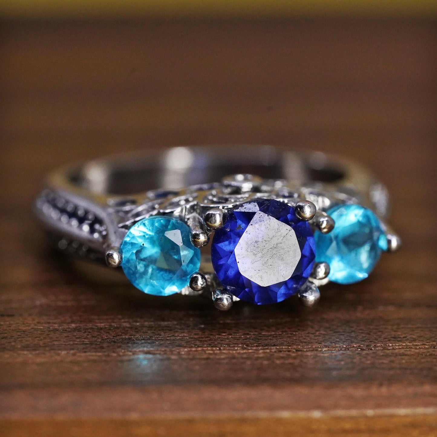 Size 6, vintage Sterling 925 silver handmade engagement ring sapphire and topaz