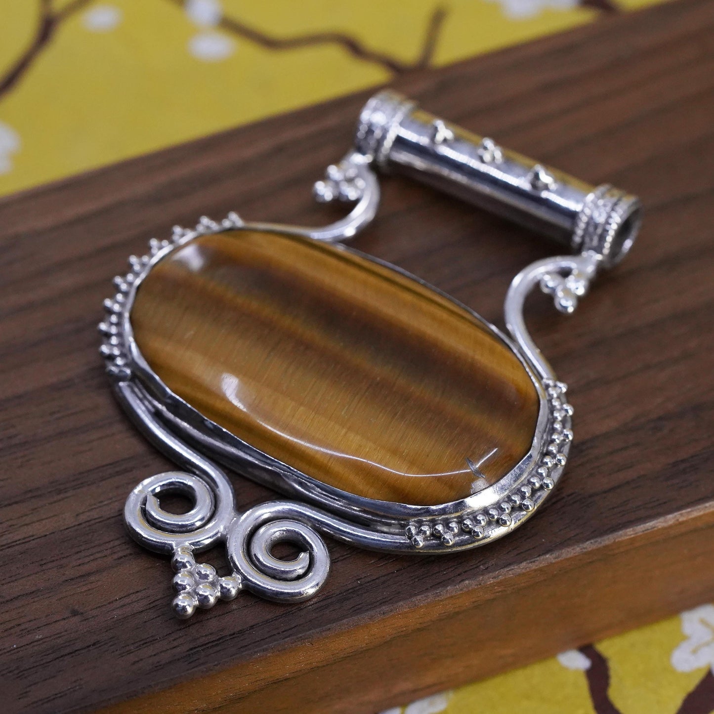 Vintage Sterling 925 silver handmade huge slide pendant golden tiger eye beads