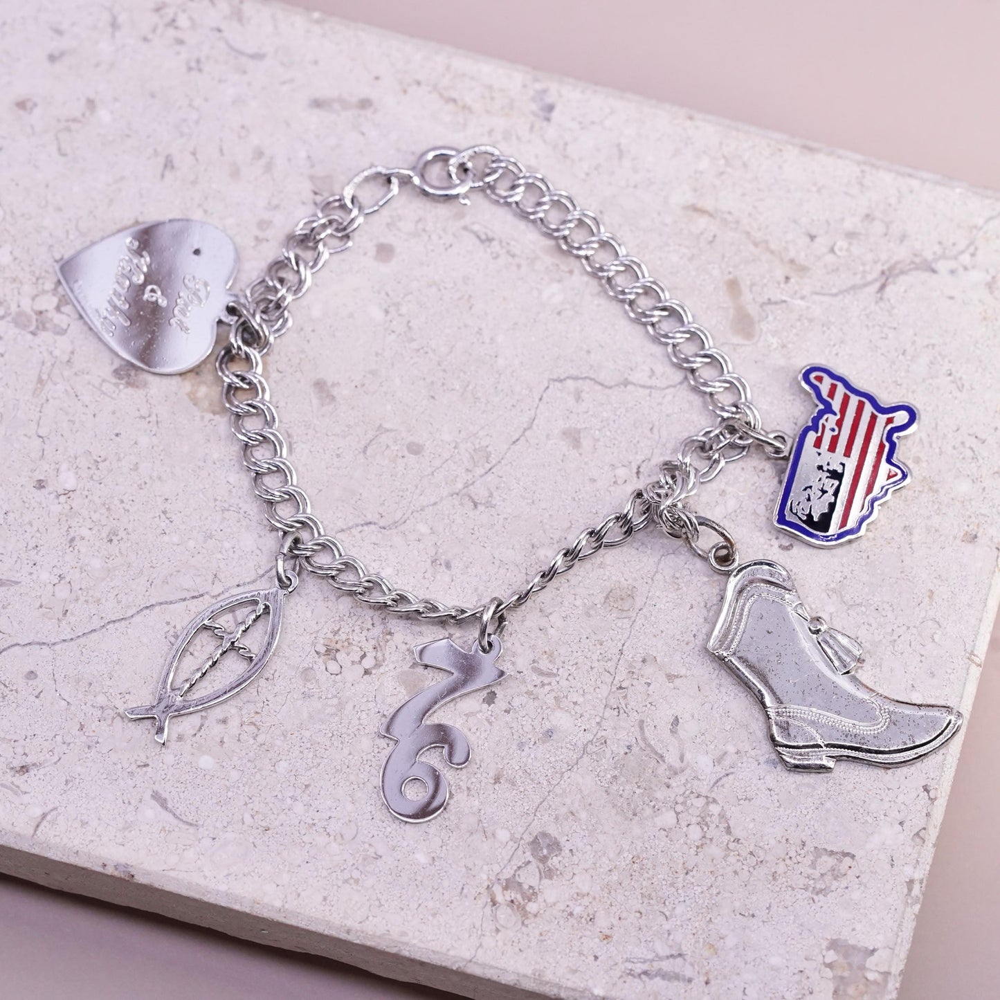 6.75”, vintage Sterling silver bracelet 925 double curb chain fish American map