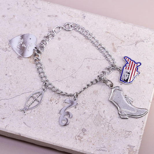 6.75”, vintage Sterling silver bracelet 925 double curb chain fish American map