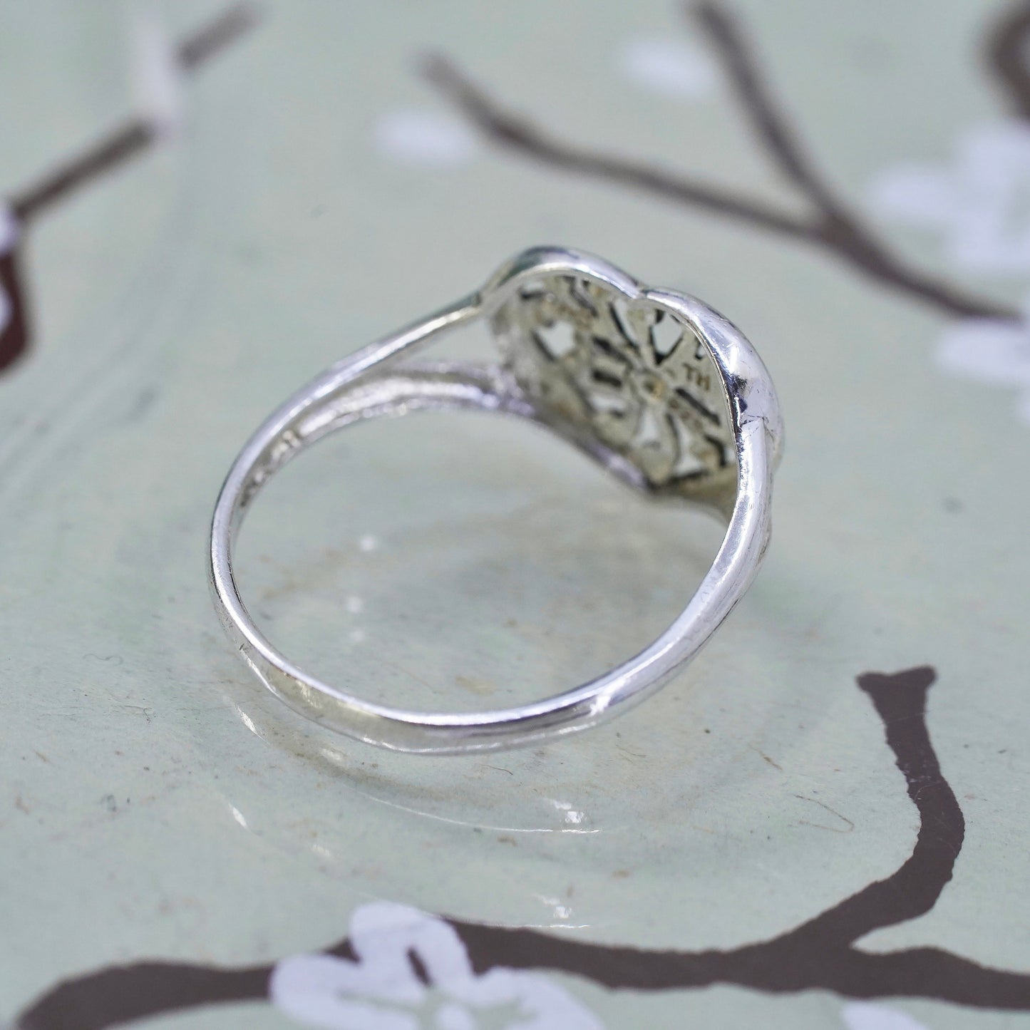 Size 7.5, Vintage sterling silver handmade wired ring, 925 filigree heart band