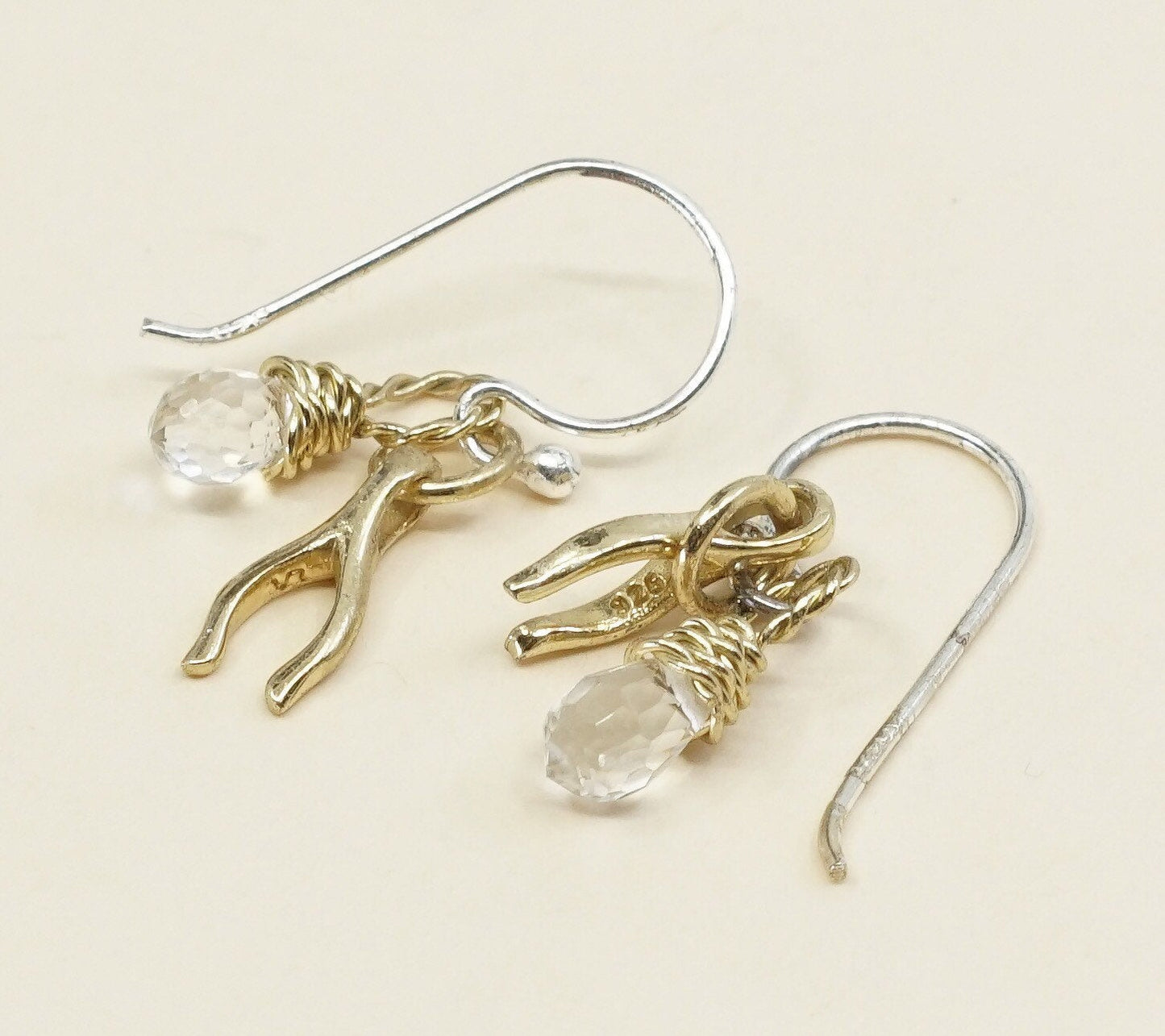 VTG two tone Sterling silver handmade earrings, 925 dangle W/ teardrop crystal