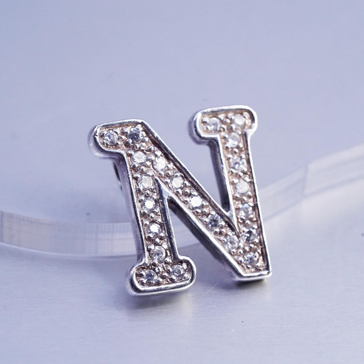 Vintage Sterling silver 925 handmade cluster CZ Crystal pendant charm letter N