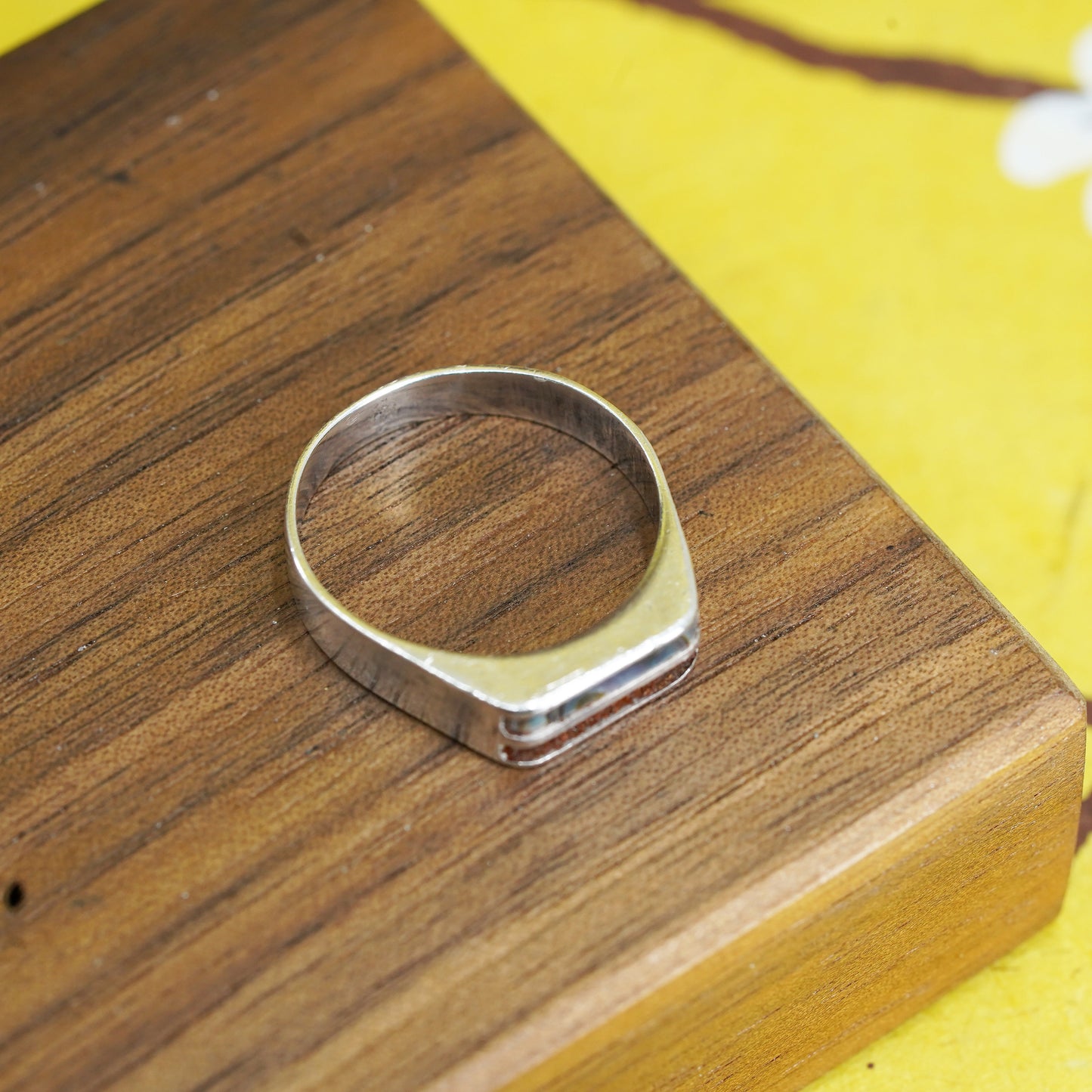 Size 9, vintage sterling silver handmade ring, 925 stackable band abalone inlay