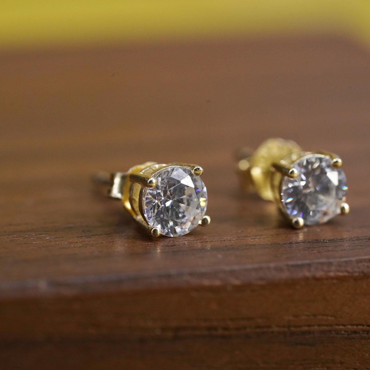 5mm, vermeil gold plated Sterling silver clear round crystal studs, cz earrings