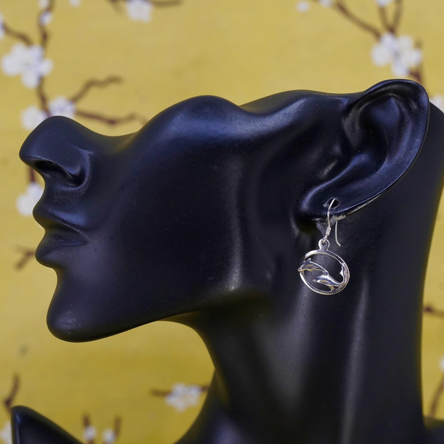 Vintage Sterling silver handmade earrings, 925 dolphin dangle