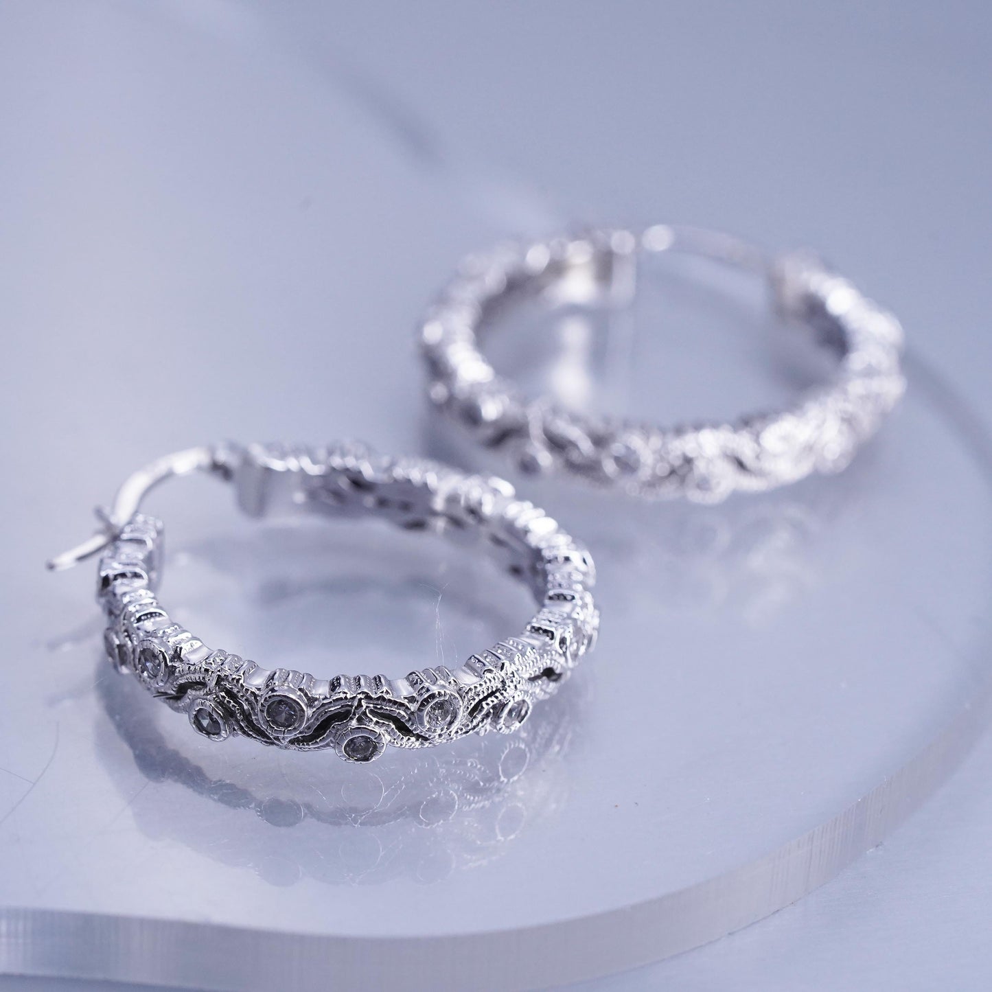 1.25”, vintage Sterling silver handmade earrings, 925 huggie hoops cluster Cz