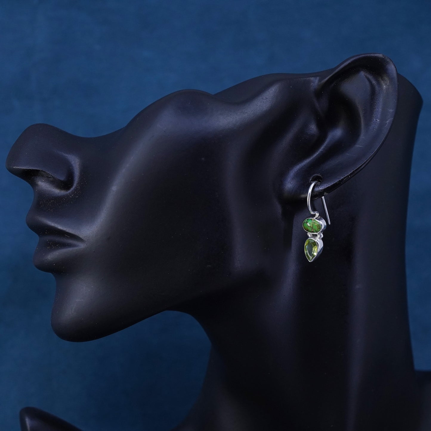 Vintage Sterling 925 silver handmade earrings with oval turquoise and peridot