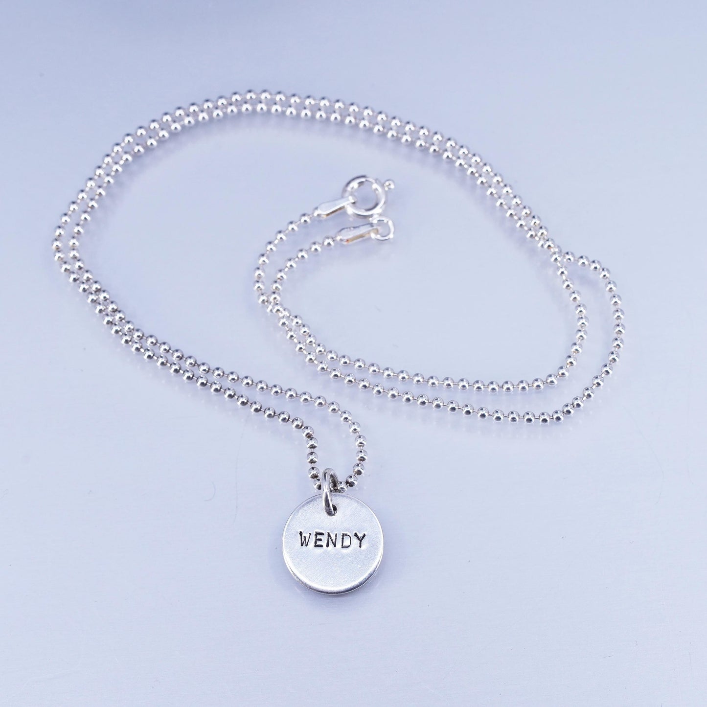 18”, Sterling 925 silver handmade bead chain necklace with name Wendy pendant