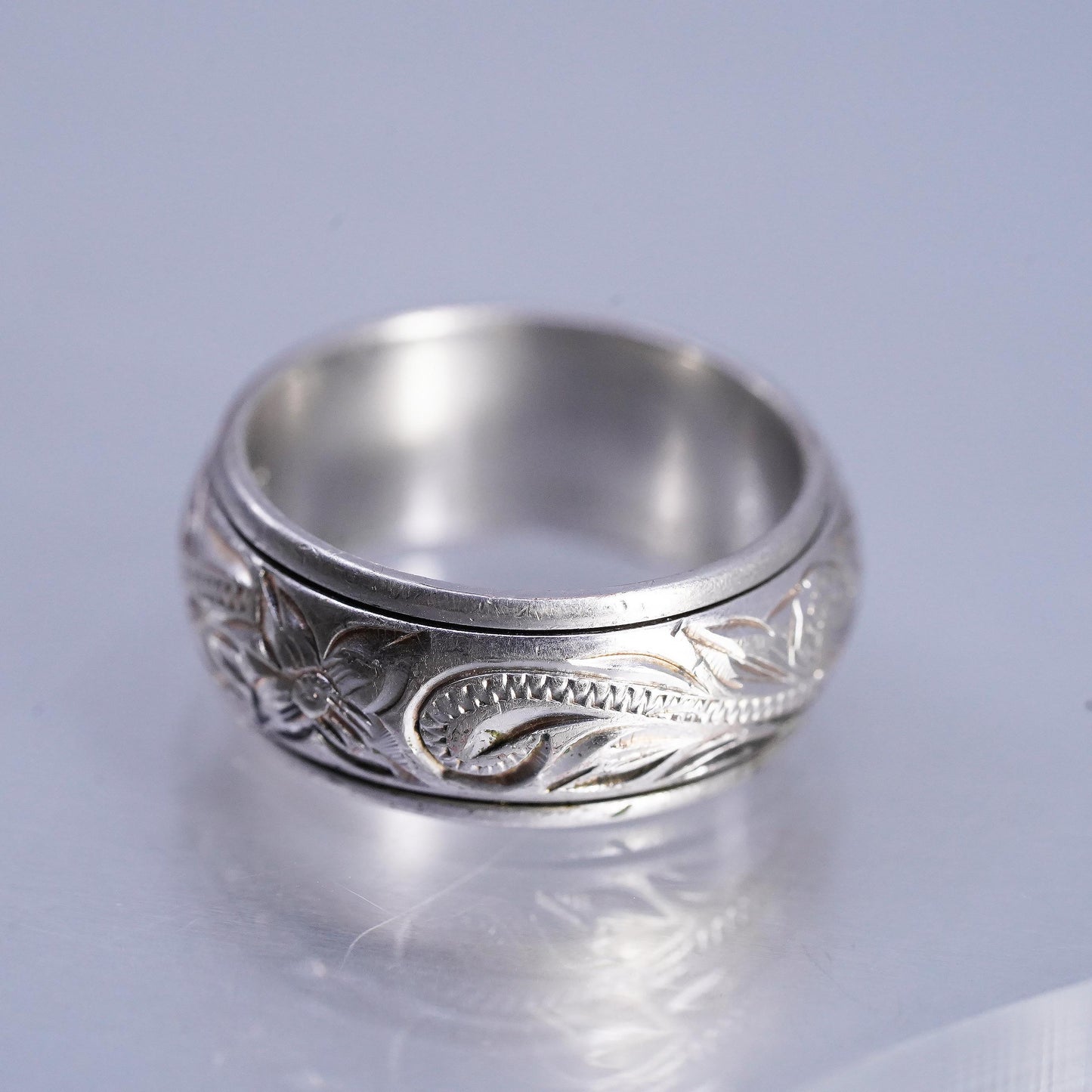 Size 7, 925 Sterling Silver 7K Gold Hawaiian Ring, Floral Scroll Wedding Band